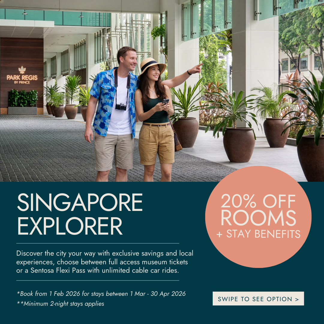 Park Regis by Prince Singapore Facebook ad: 20% off stays, plus a choice between two…