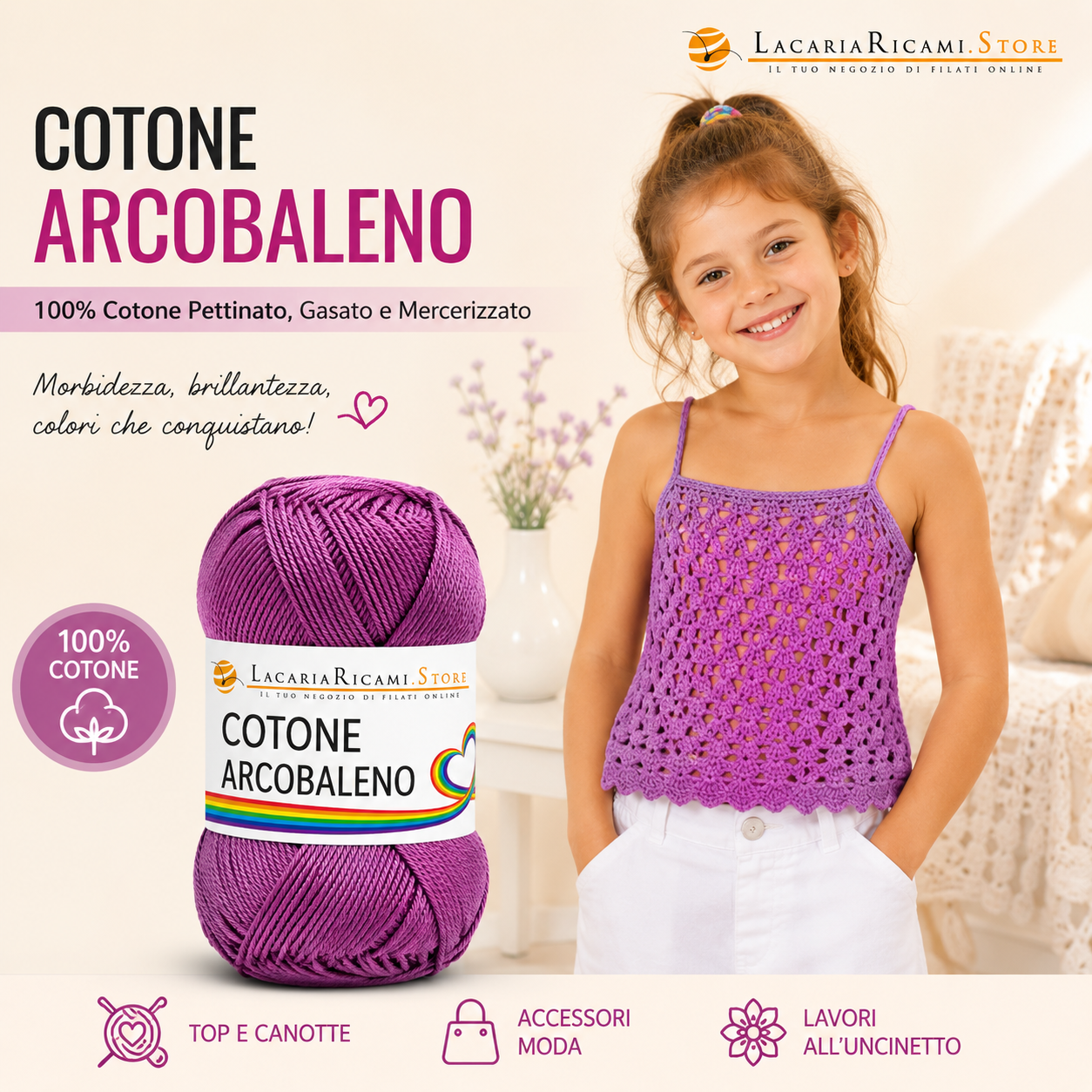 LacariaRicami.Store Facebook ad: Cotone Arcobaleno: 100% cotone pettinato, gasato e…