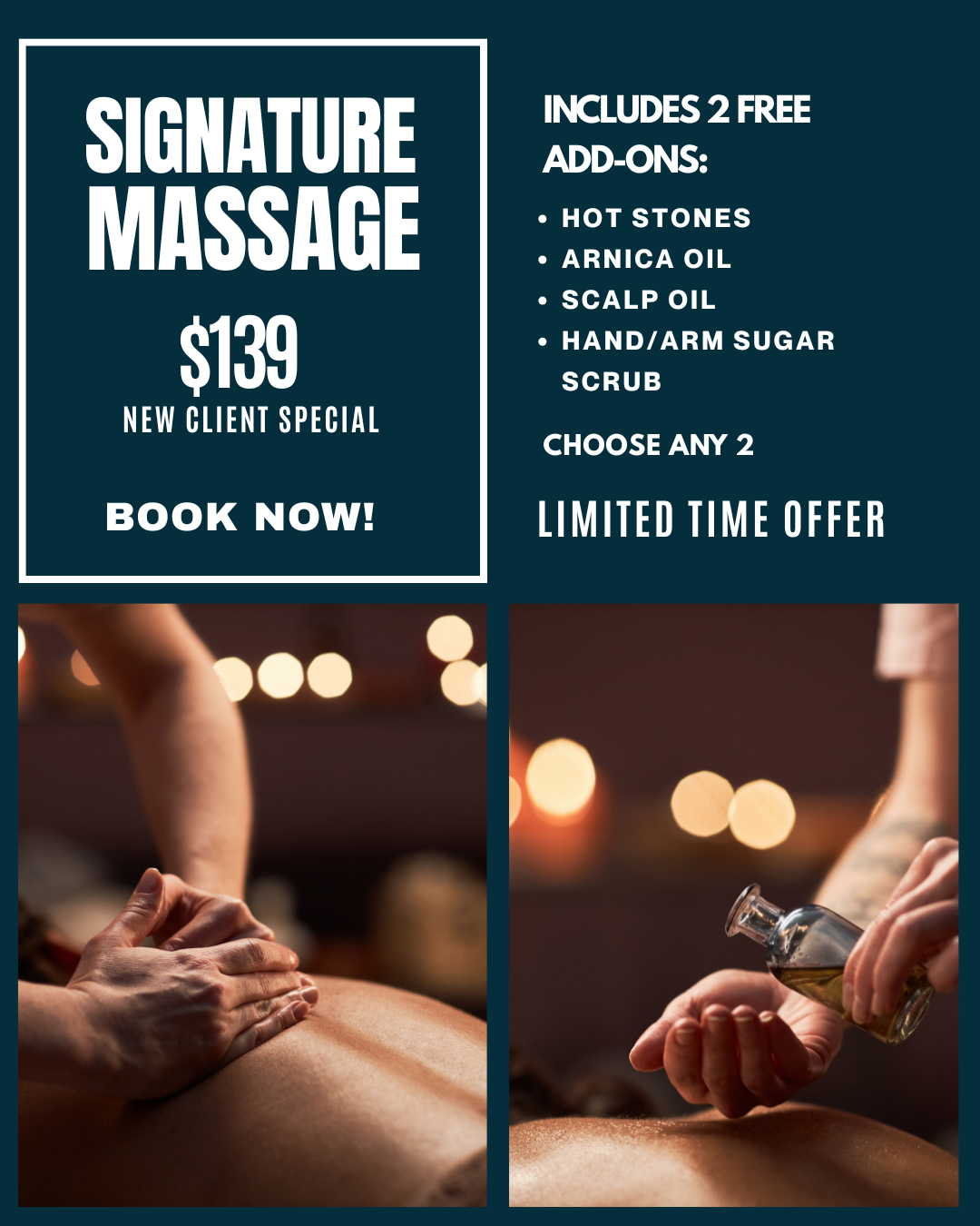Spa Dulce Facebook ad: [ LIMITED ] $139 Signature Men’s Massage + 2 Free Add-Ons