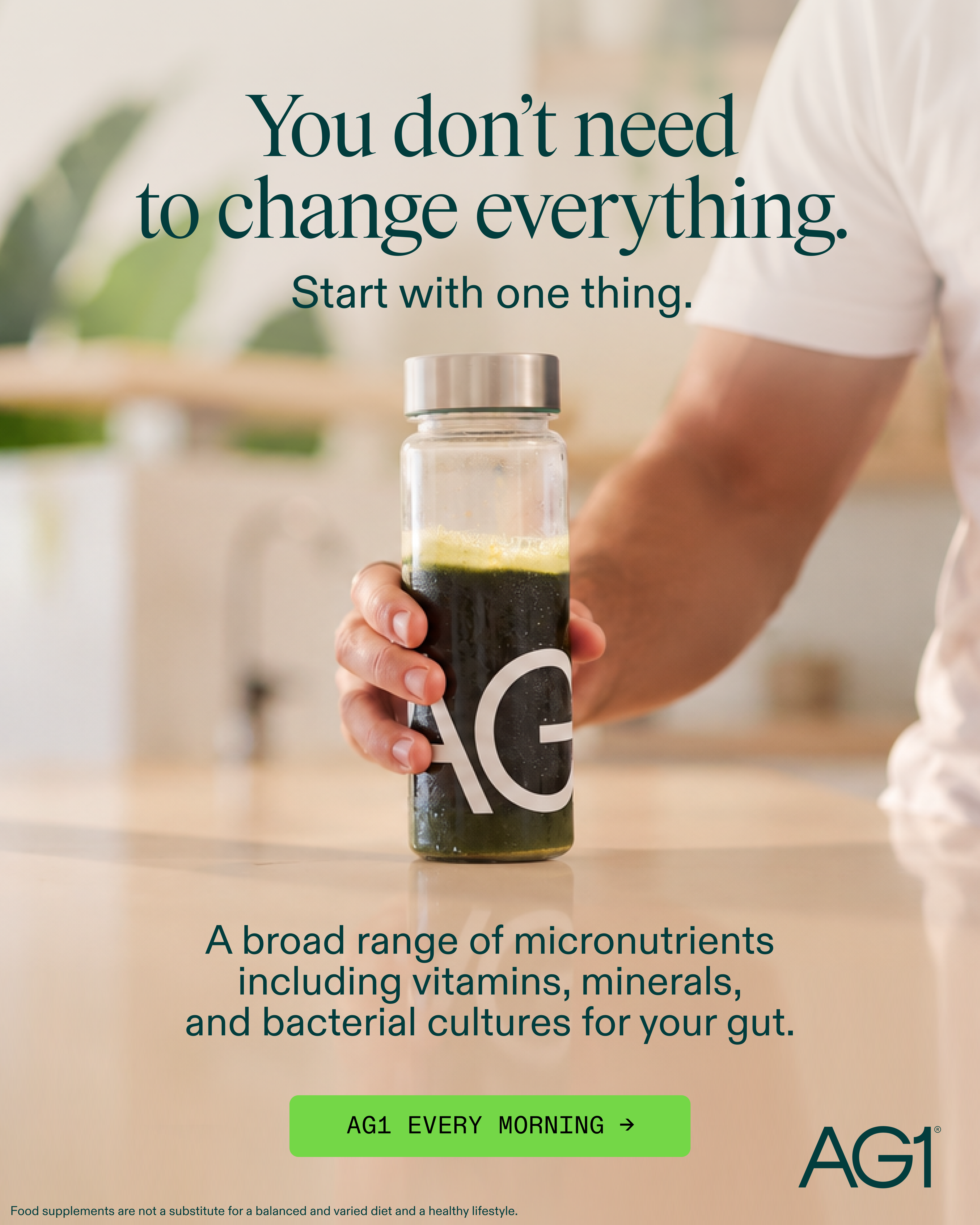 AG1 by Athletic Greens Facebook ad: Stop managing your baseline. Start raising it.