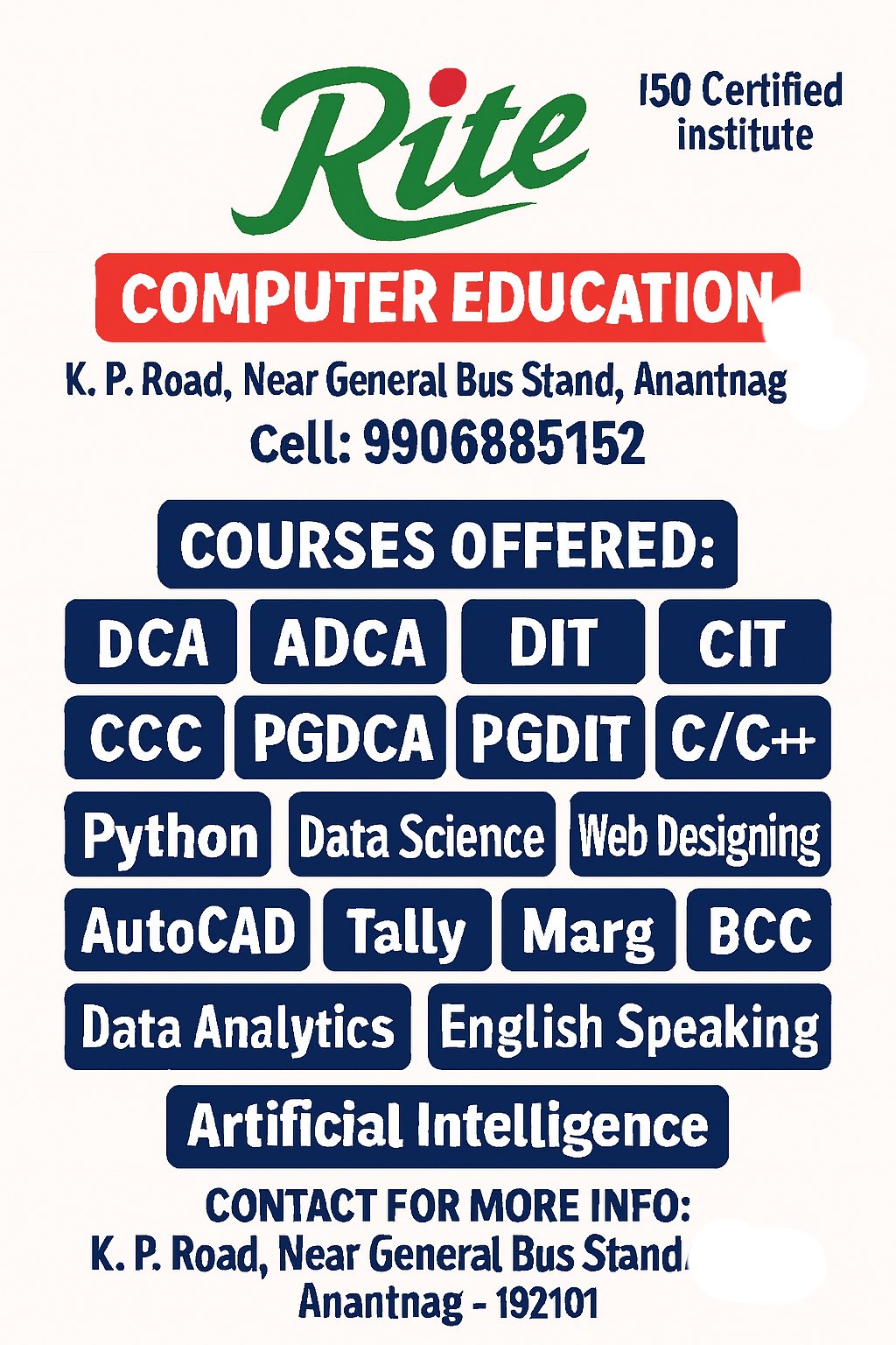 Rite Education Jammu and Kashmir Facebook ad: RITE Computer Education, Anantnag*