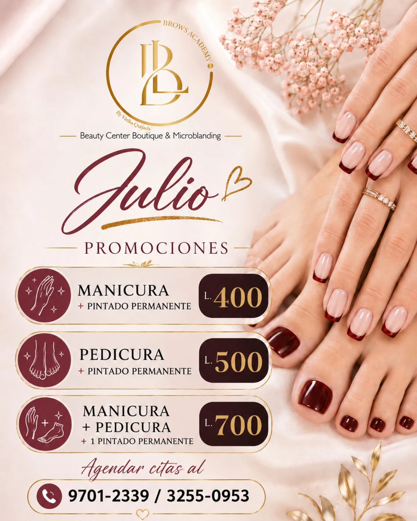 Brows & Lashes HN Facebook ad: JULIO te consentimos, reserva espacio