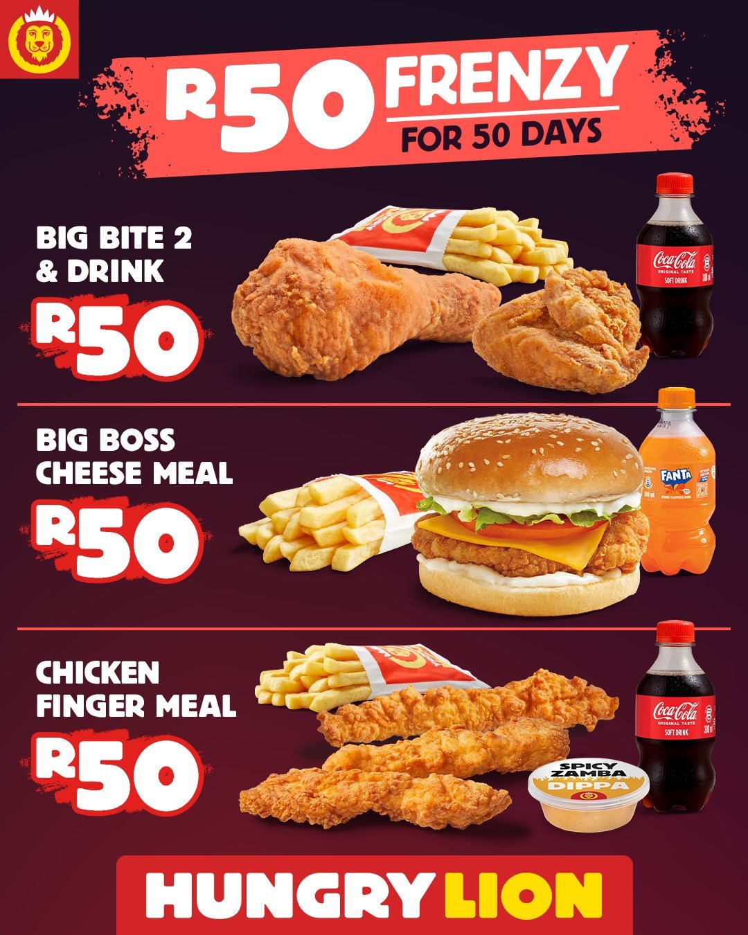 Hungry Lion Facebook ad: 5 Amazing Deals - R50 Each