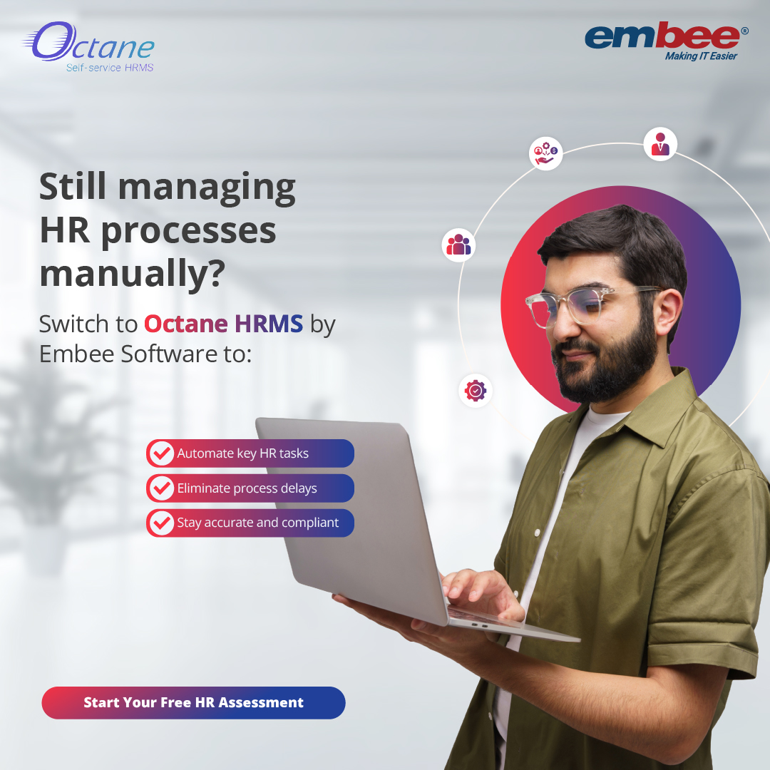 Embee Software Facebook ad: Automate Payroll & HR with Octane HRMS, Book a Demo