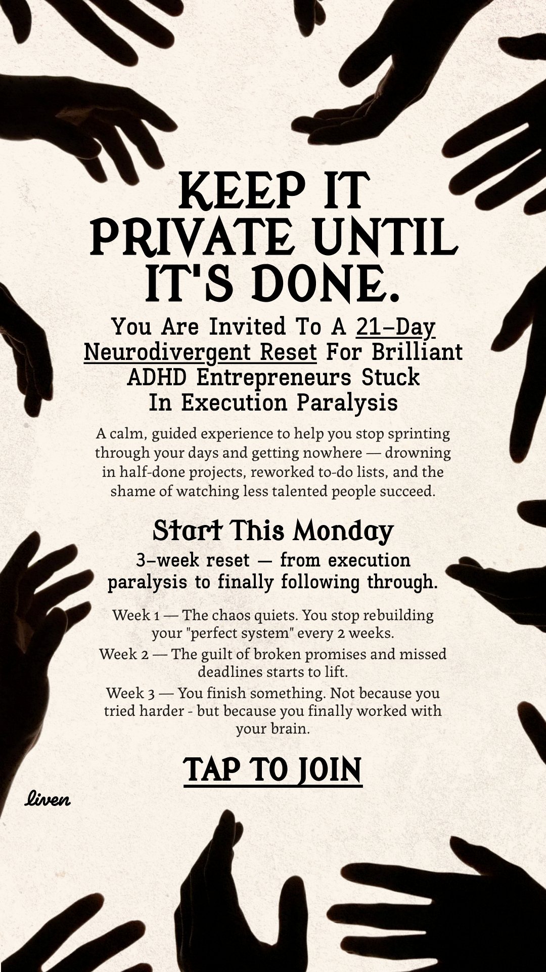 Liven: Train Your Brain to Switch Effortlessly Facebook ad: ADHD Is OK, But Ignoring the Self-Sabotage Isn’t!