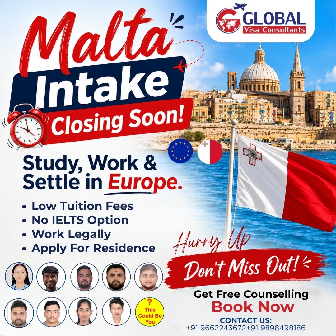Global Visa Consultant Facebook ad: Study in Malta → Work Part-Time → Settle in Europe. One…