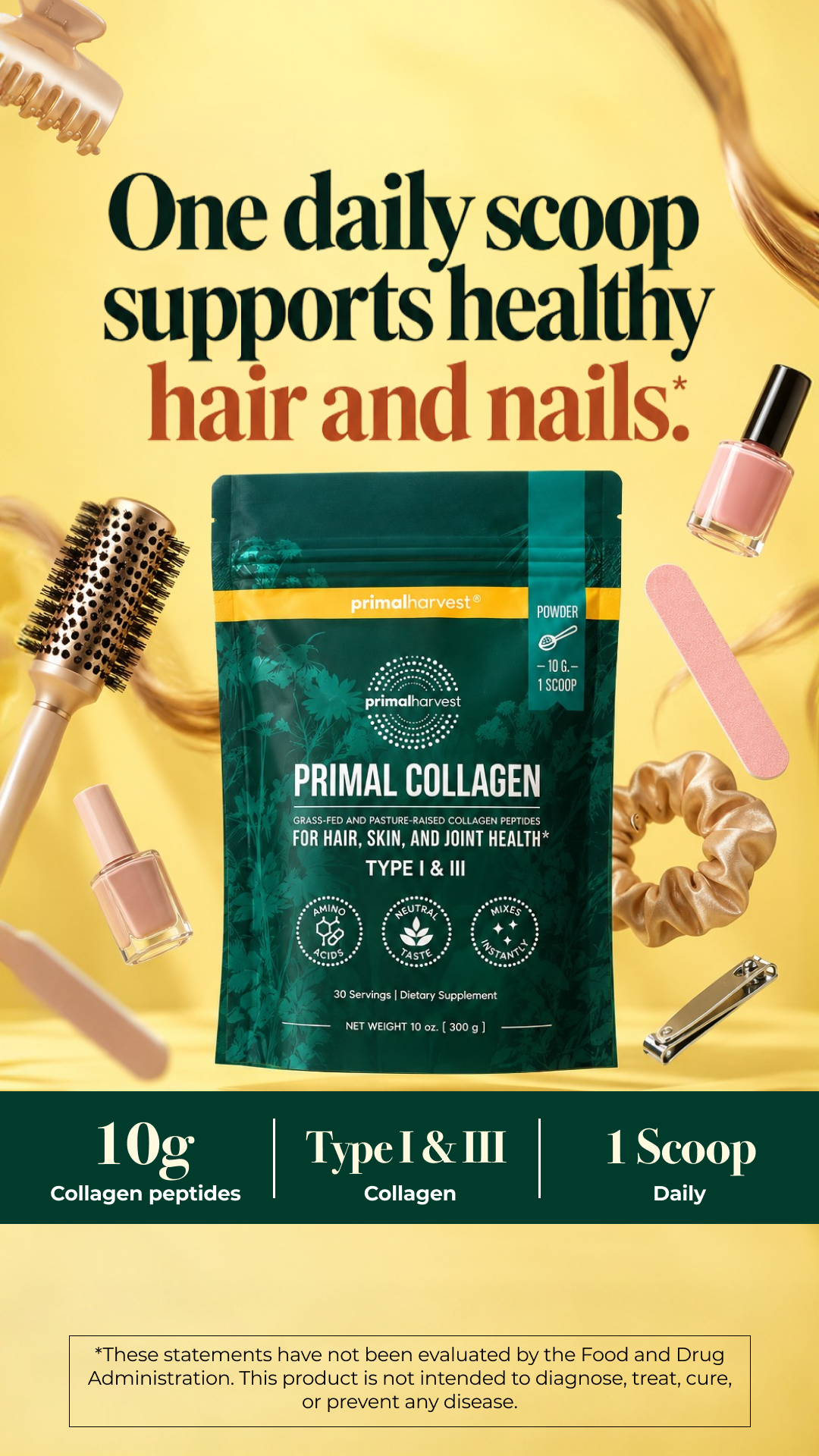 Primal Harvest Facebook ad: Daily support for hair and nails*.
