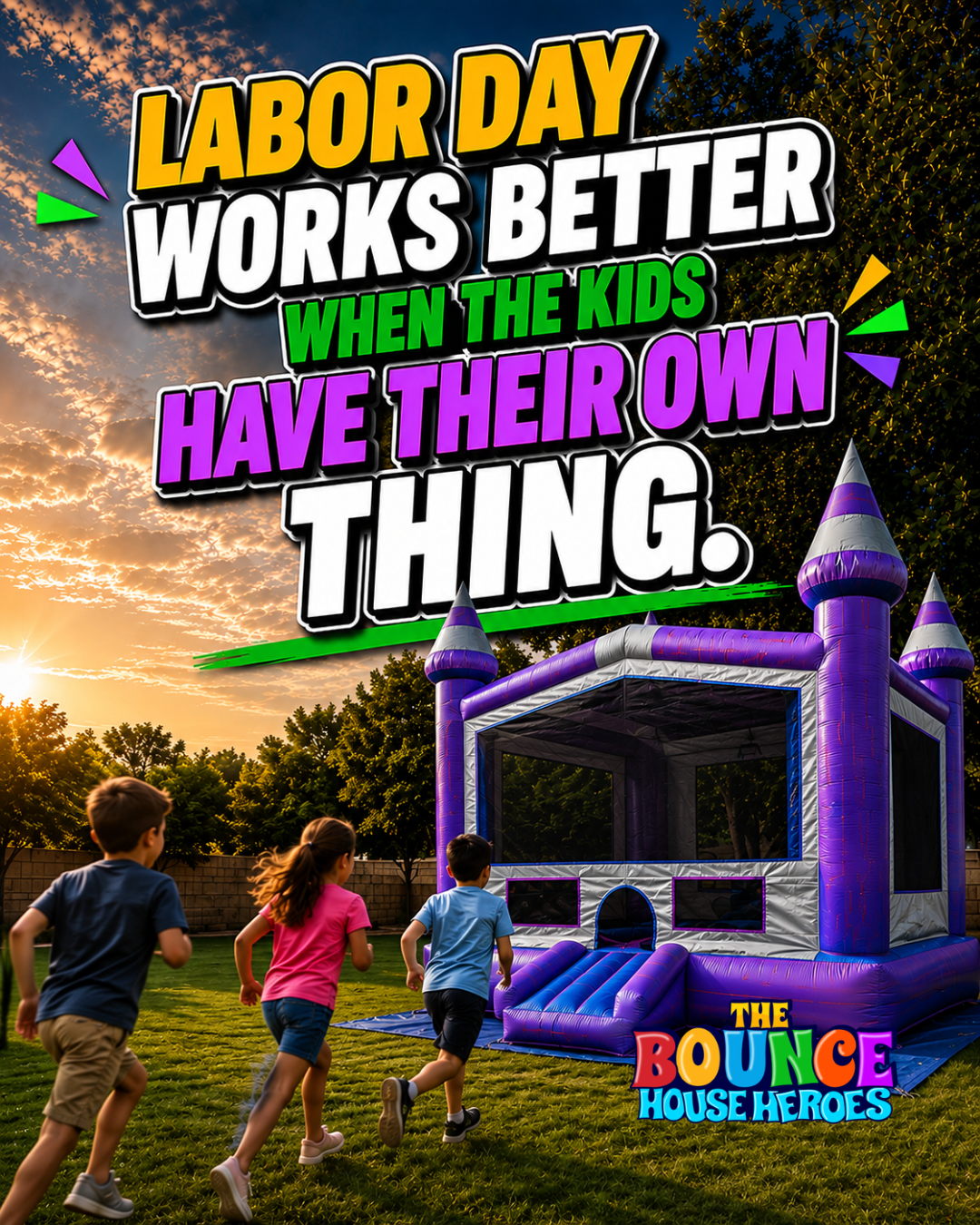 The Bounce House Heroes Facebook ad from Aug 14, 2026
