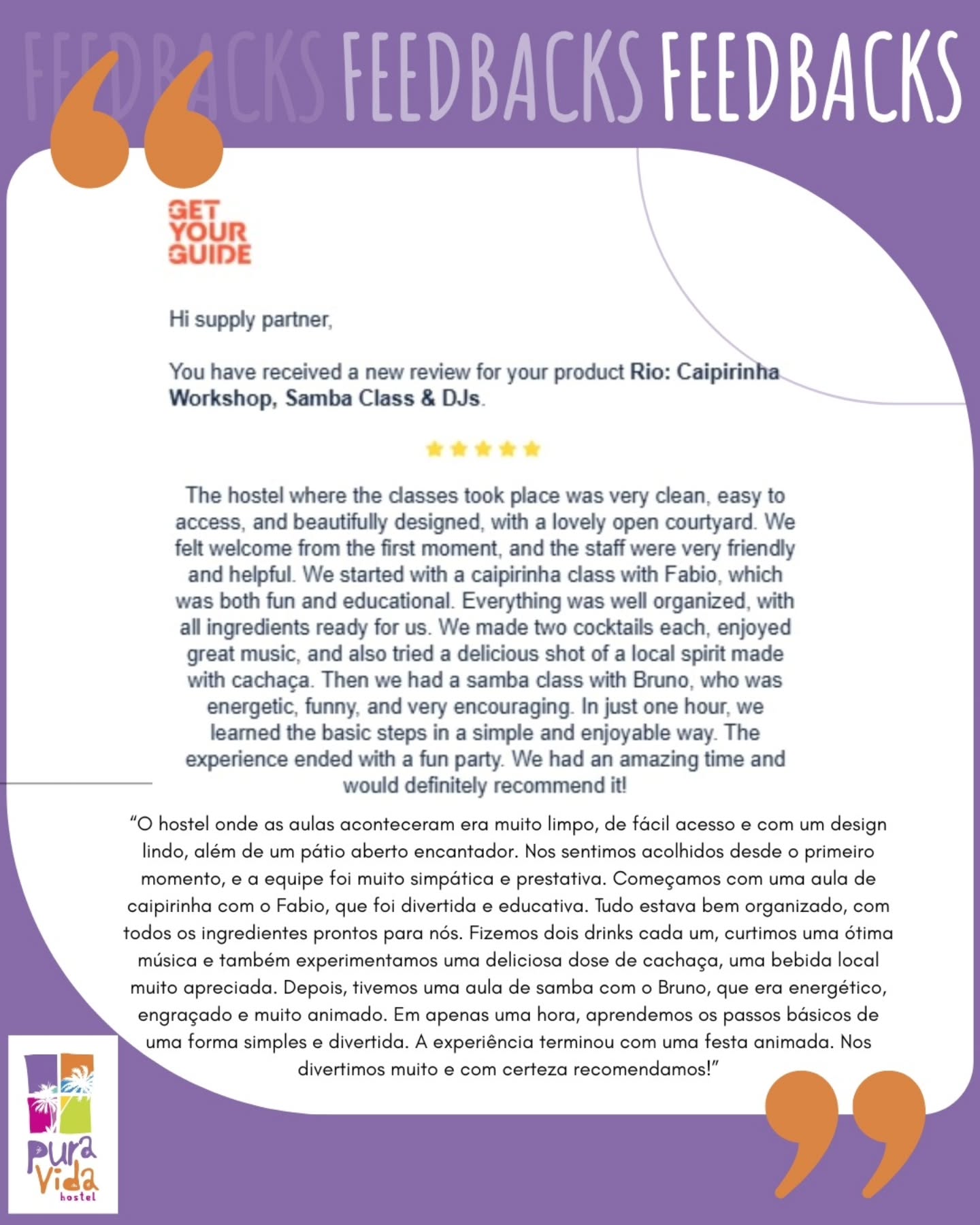 Pura Vida Hostel Facebook ad: Mais feedbacks! Muito bom quando recebemos feedbacks de…