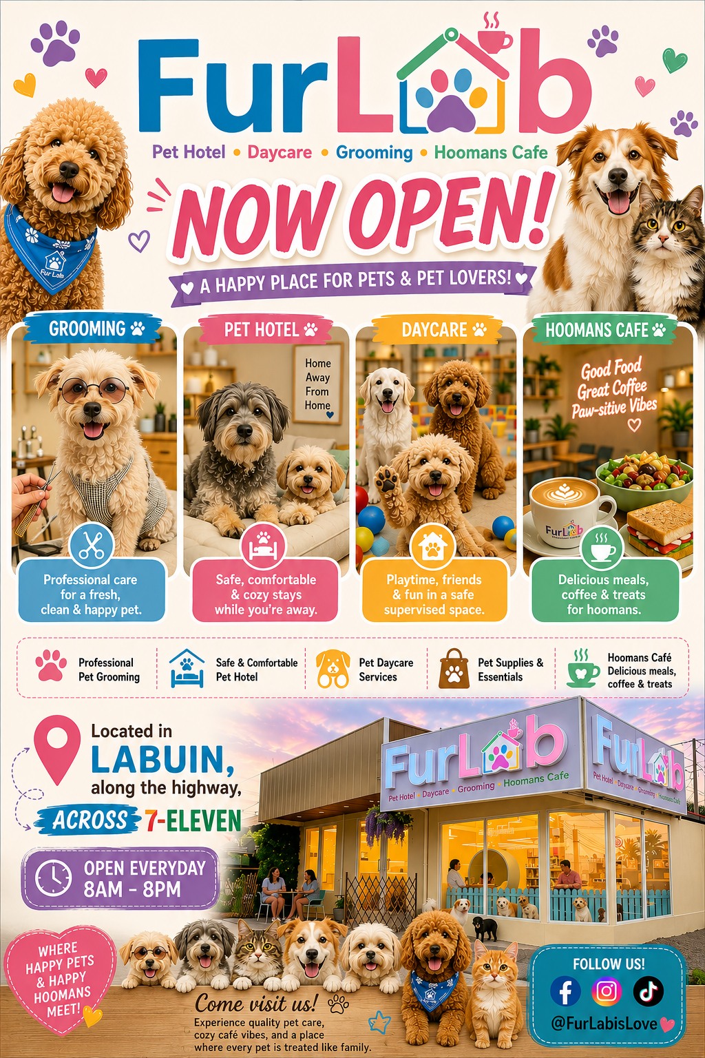 FurLab Pet Hotel, Grooming & Café Facebook ad: WE'RE NOW OPEN
