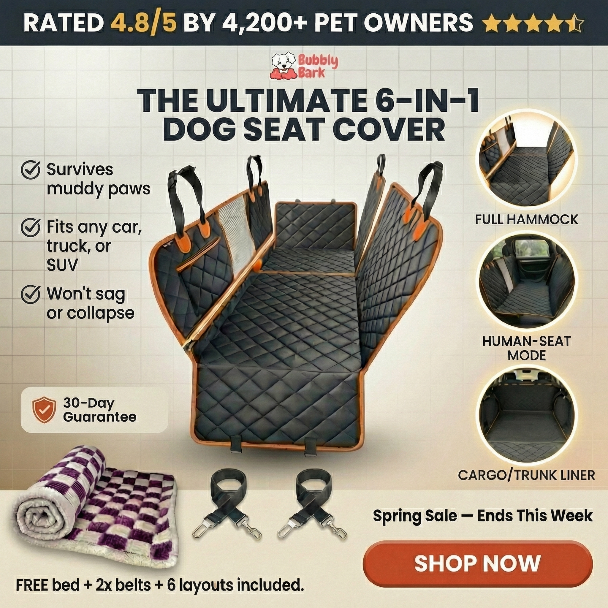 Bubbly Bark Facebook ad: Waterproof Dog Car Seat Hammock, 6-in-1 Back