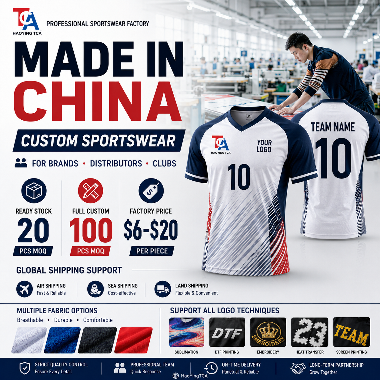 HaoYing TCA Garment Factory Facebook ad: CUSTOM SPORTSWEAR Made in China Factory
