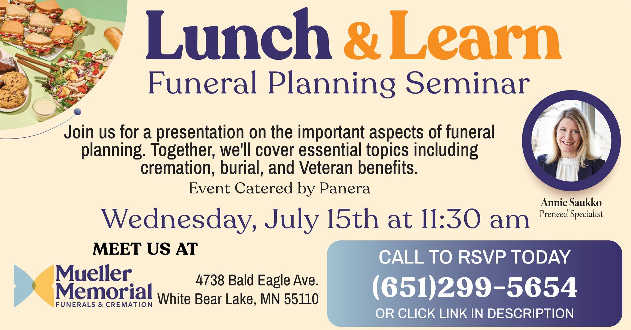 Mueller Memorial Facebook ad: Mueller Memorial- Lunch & Learn- Funeral Planning Seminar