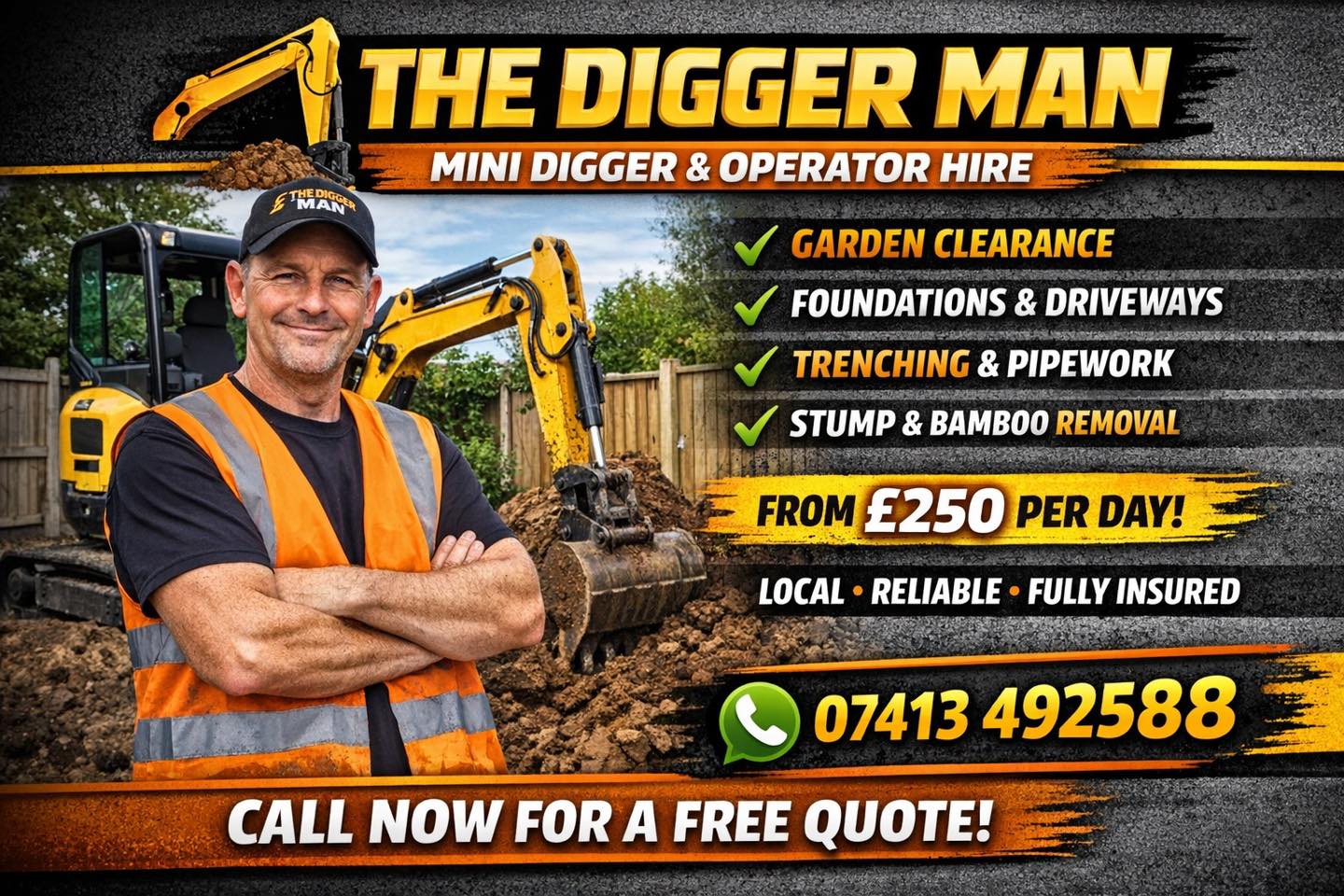 The Digger Man Mini Digger & Operator Hire Facebook ad: We have 25 years experience in the demolition…