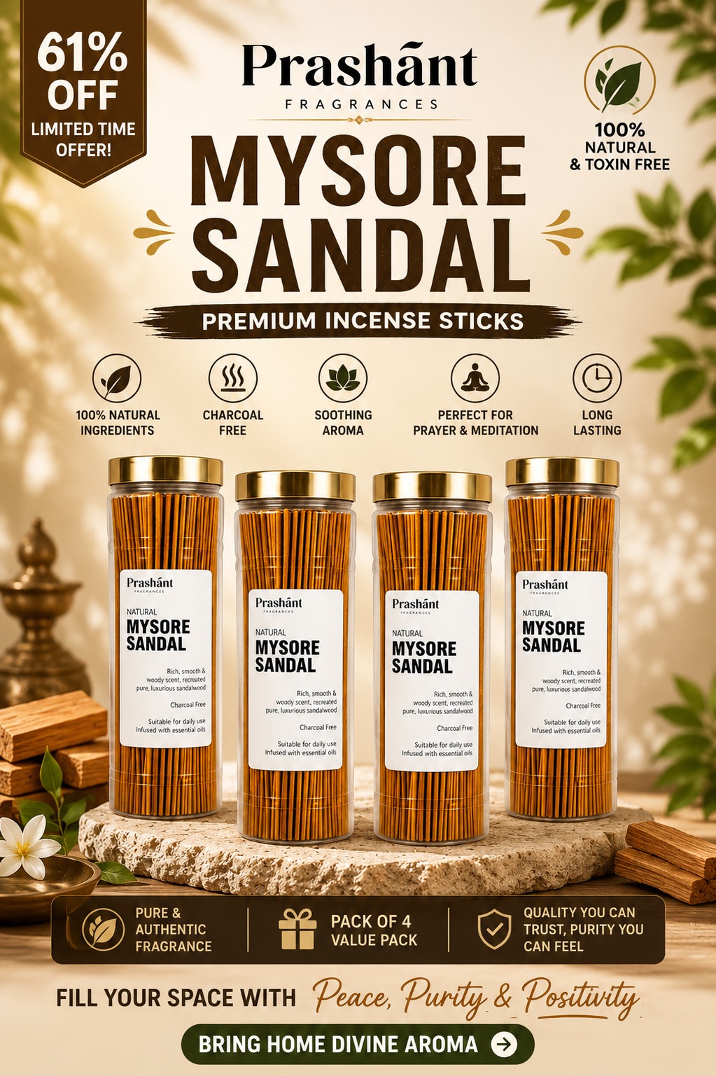 Prashant Fragrances Facebook ad: Mysore Sandal Incense Sticks - Pack of 4 x 100 gm
