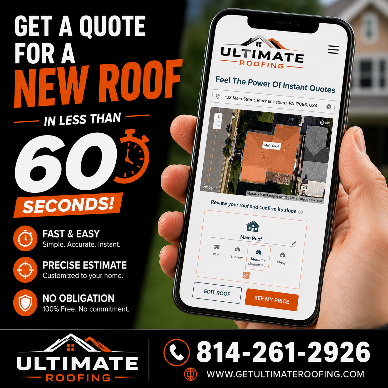 Ultimate Roofing Facebook ad: New roof quote in under 60 seconds? YES!