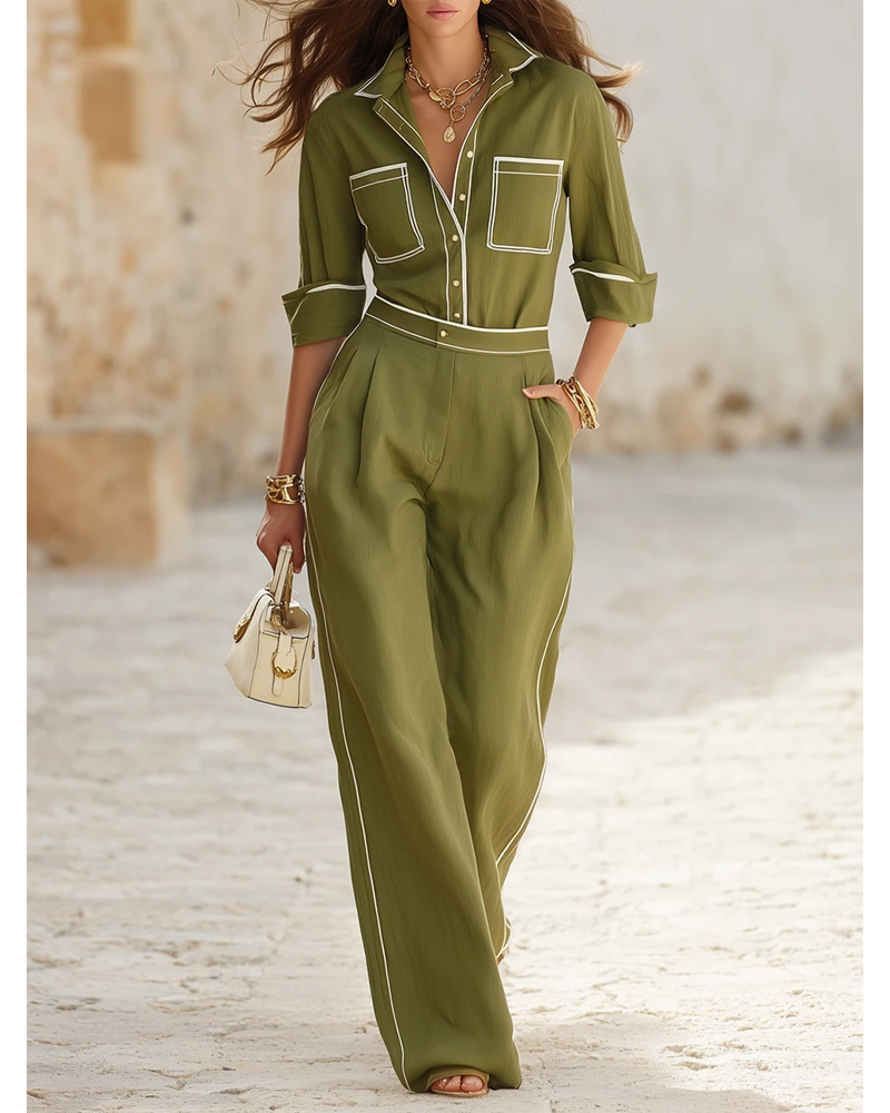 LuneMuse Facebook ad: Resort-style Collared Color-blocked Top And Trousers Set