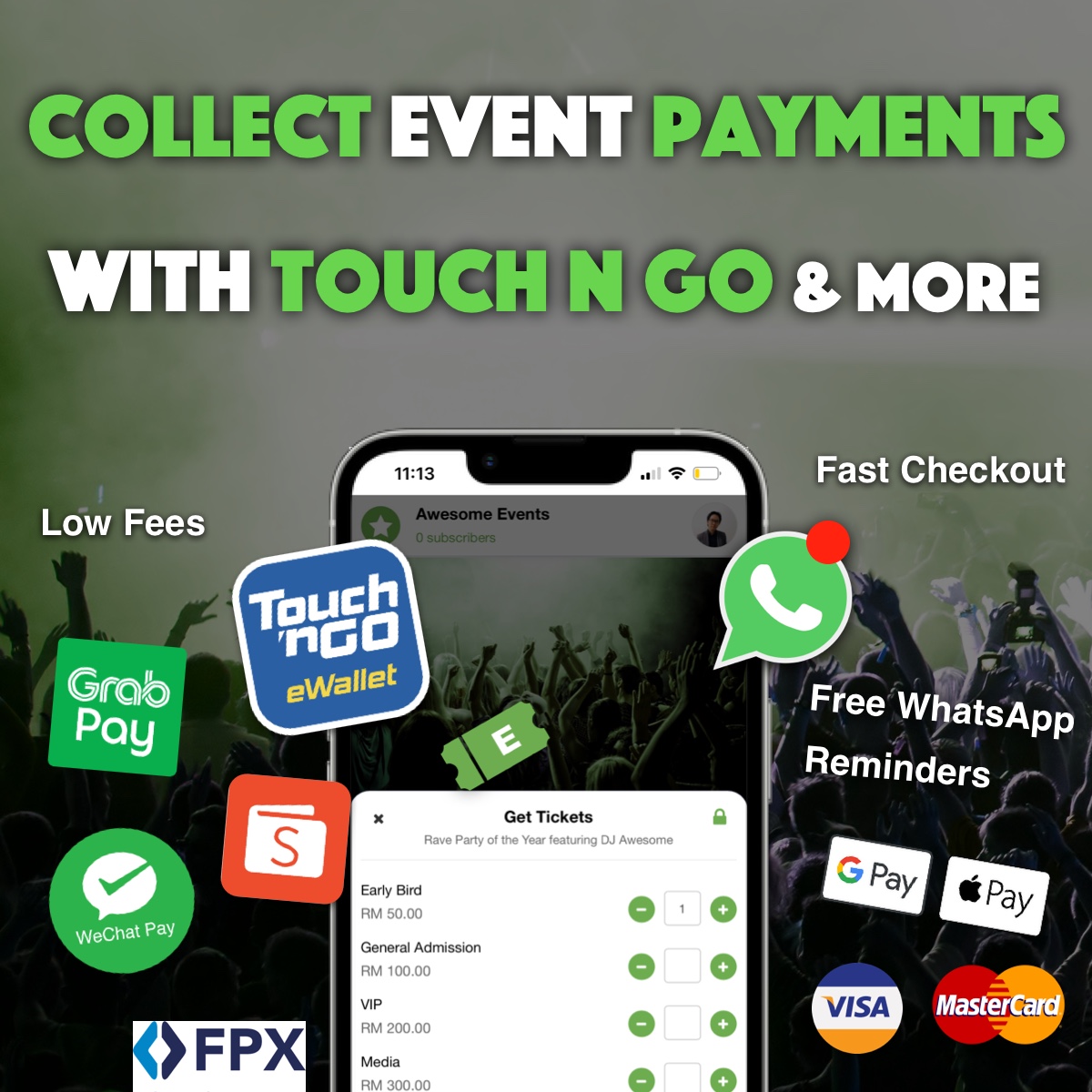 Eventsize Facebook ad: Collect Event Payments with Touch n' Go & More