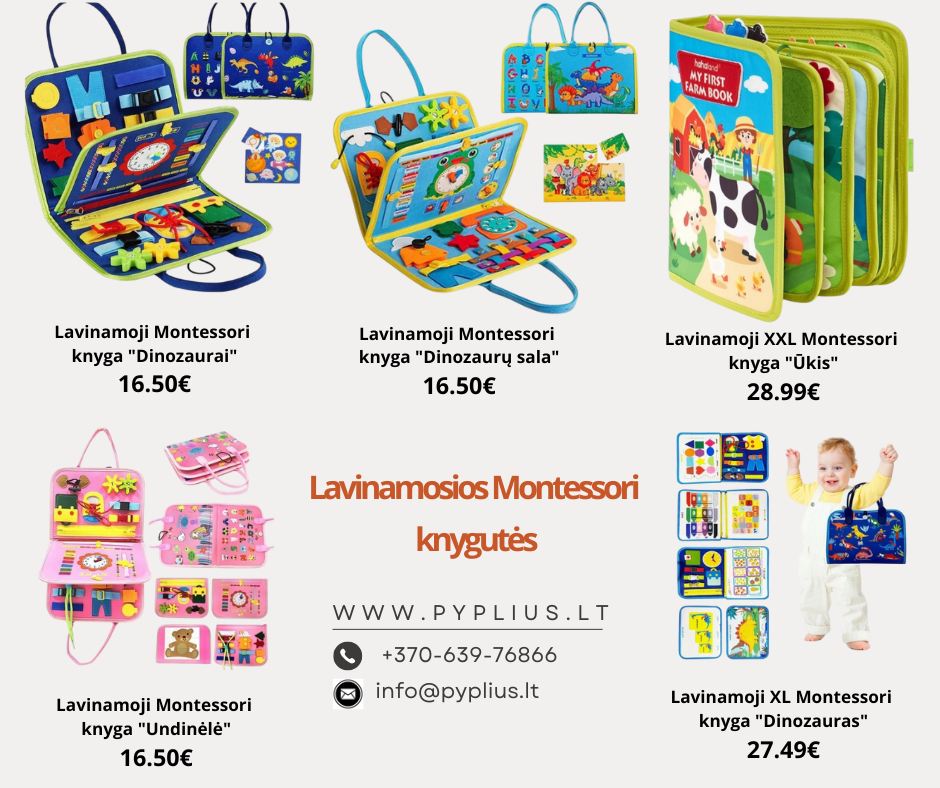 Prekės vaikams Facebook ad: Žaisminga Montessori užimtumo knyga, lavinanti veikla…