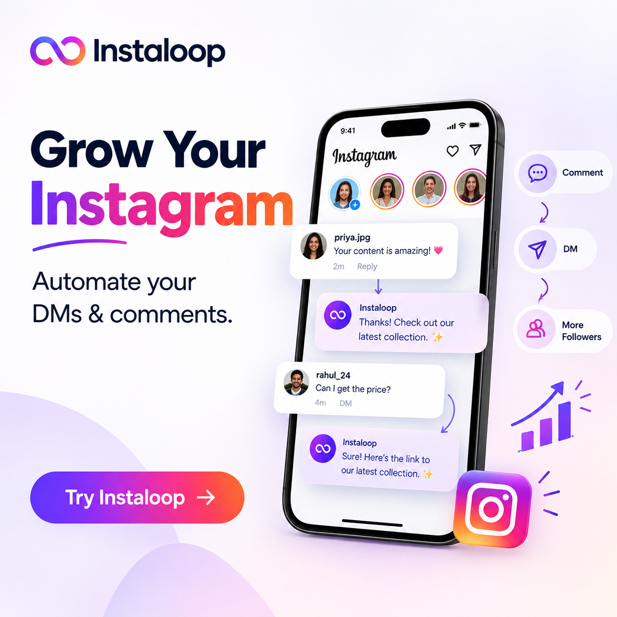 Jarvis Technology Facebook ad: Instaloop, Grow your Instagram on autopilot