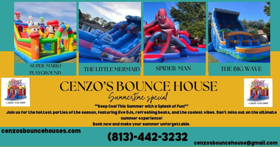 Cenzo’s Bounce Houses Facebook ad: We rent bounce houses, party supplies/equipment and offer…