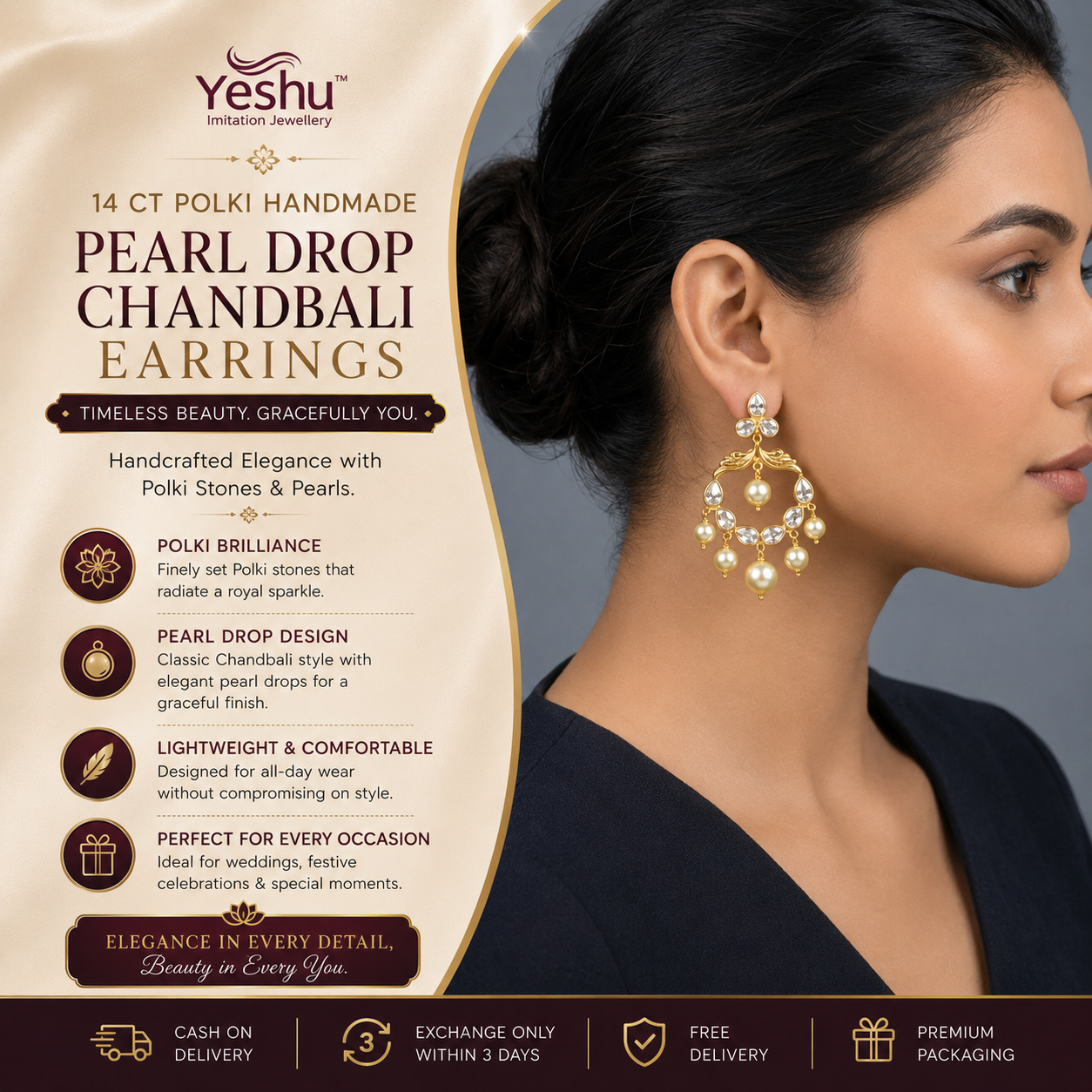Yeshu imitation jewellery Facebook ad: Buy 14 Ct Polki Handmade Gold Plated Pearl Drop Chandbali…