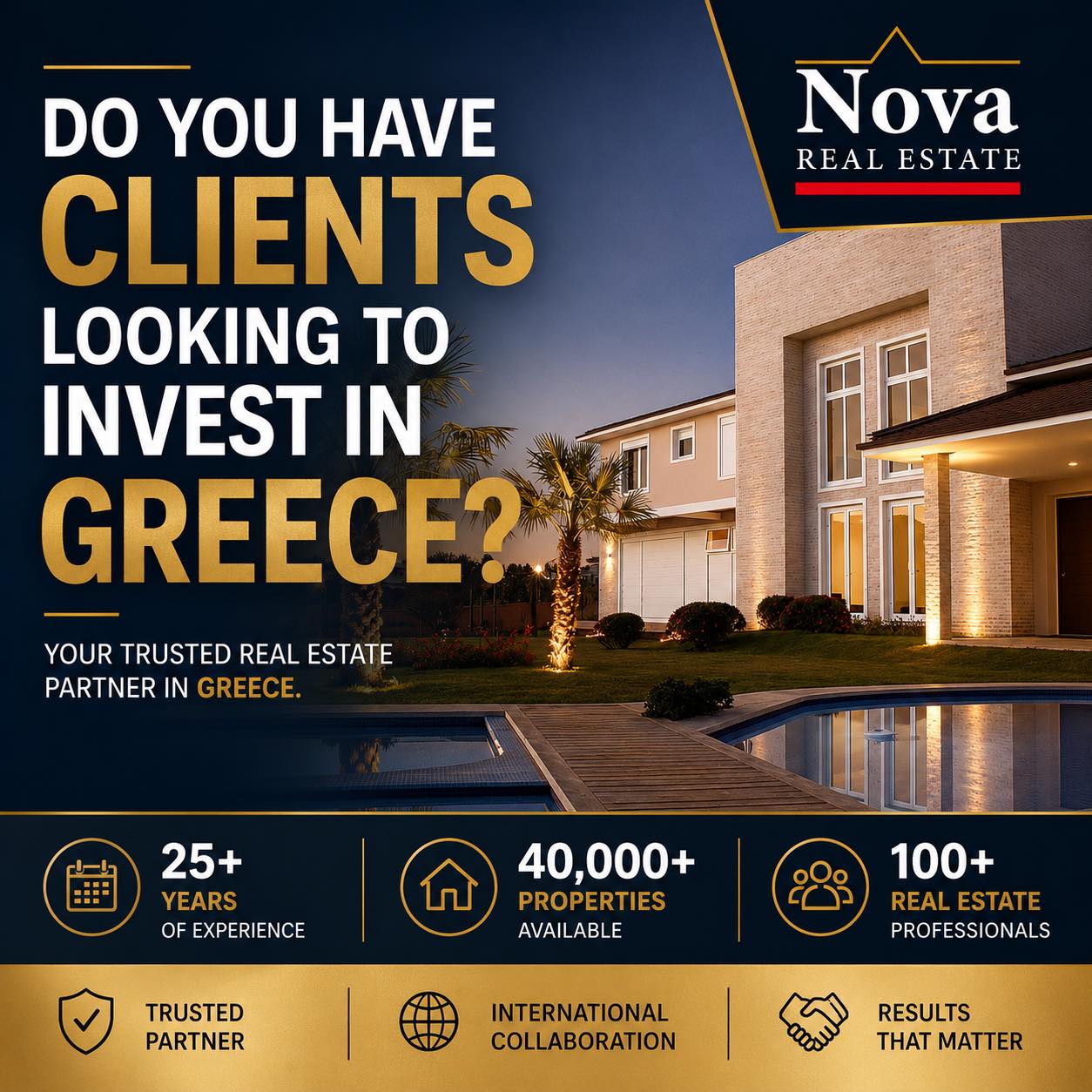 Nova Real Estate Group Facebook ad: Do You Have Clients Looking To Invest In Greece?