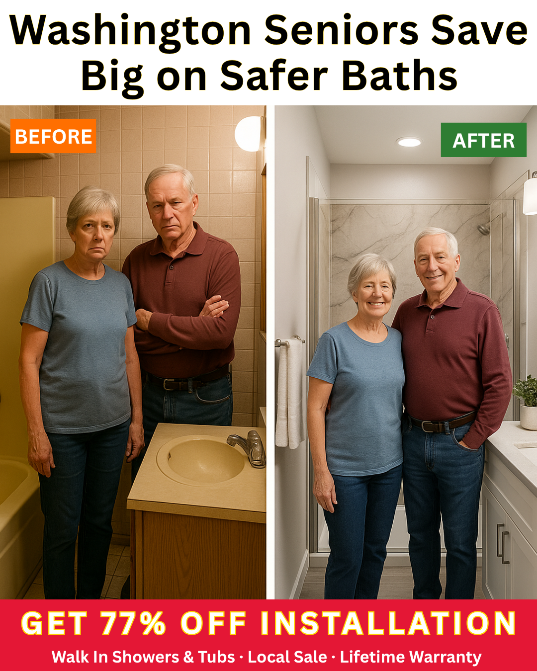 Five Star Bath Solutions Facebook ad: Seniors Save 77% On New Shower/Tub Installation