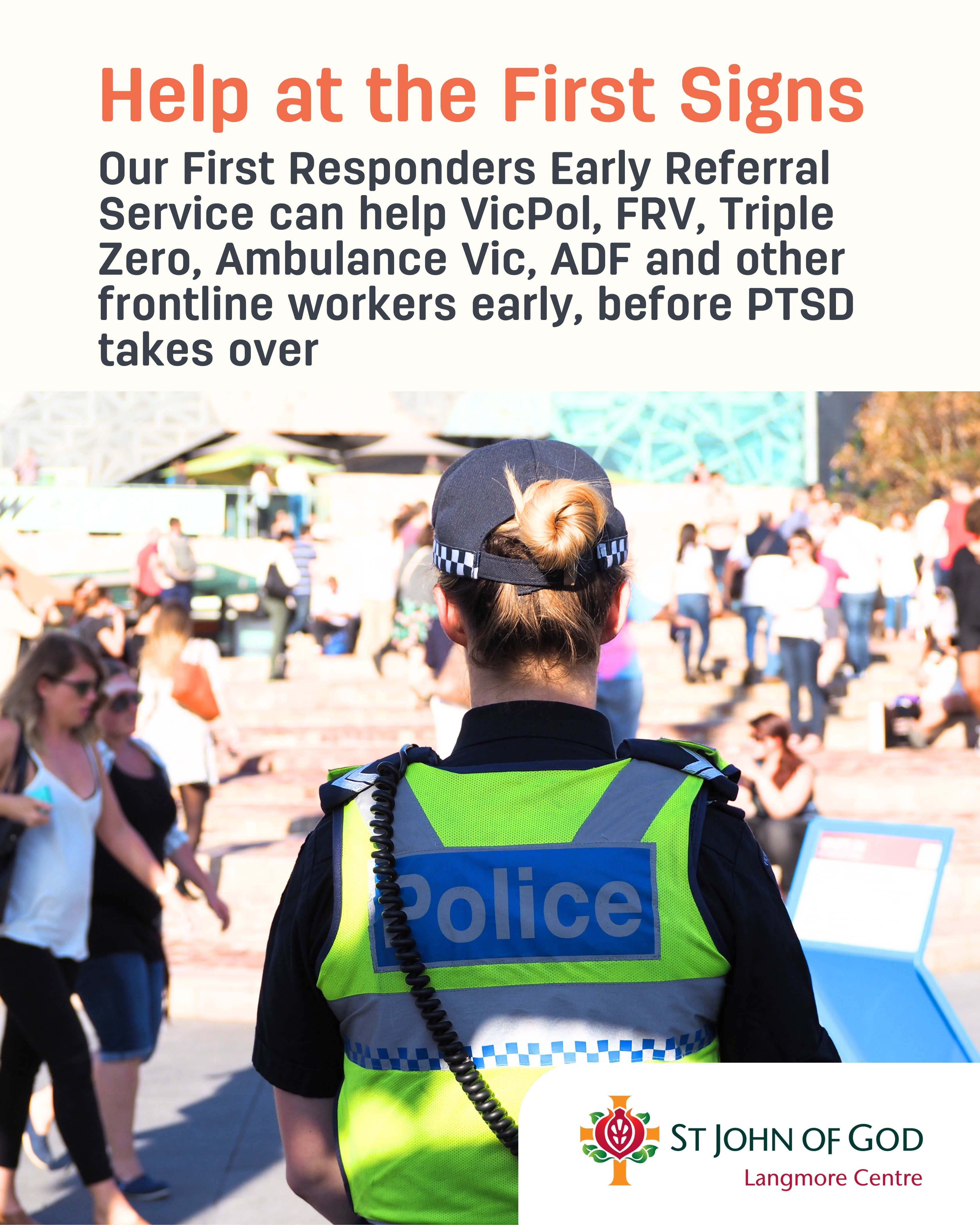 St John of God Langmore Centre Facebook ad: For first responders, getting a little help early…
