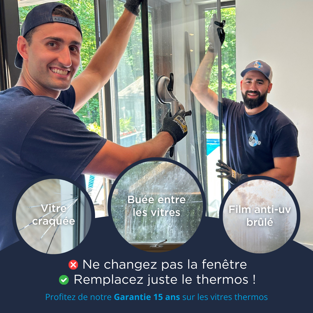Basco Portes et Fenêtres Facebook ad: Remplacement vitre thermos garantie 15 ans