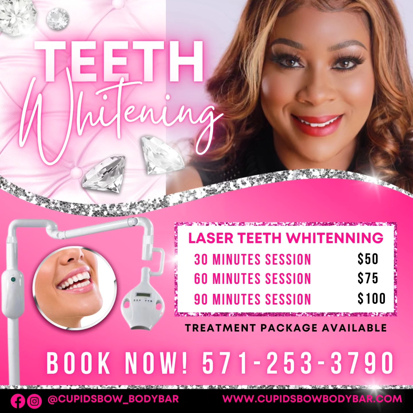 Cupid’s Bow Body Bar Facebook ad: Teeth Whitening, non invasive process.