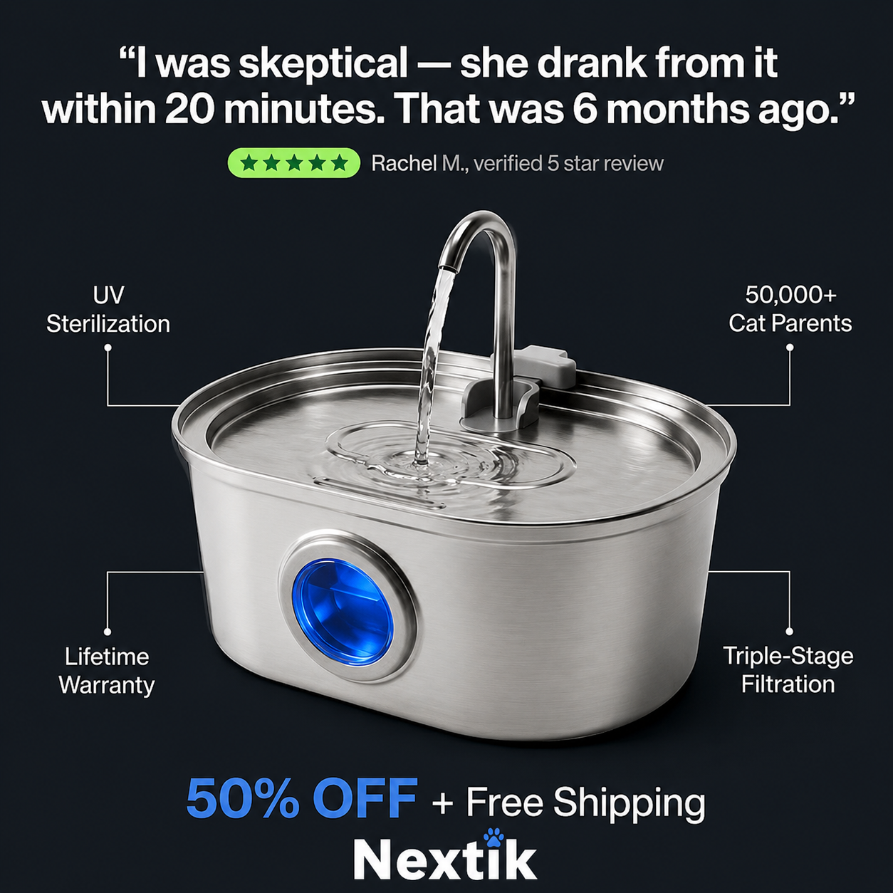 Nex Tik Facebook ad: Upgrade Your Cat’s Water Bowl, 50% OFF