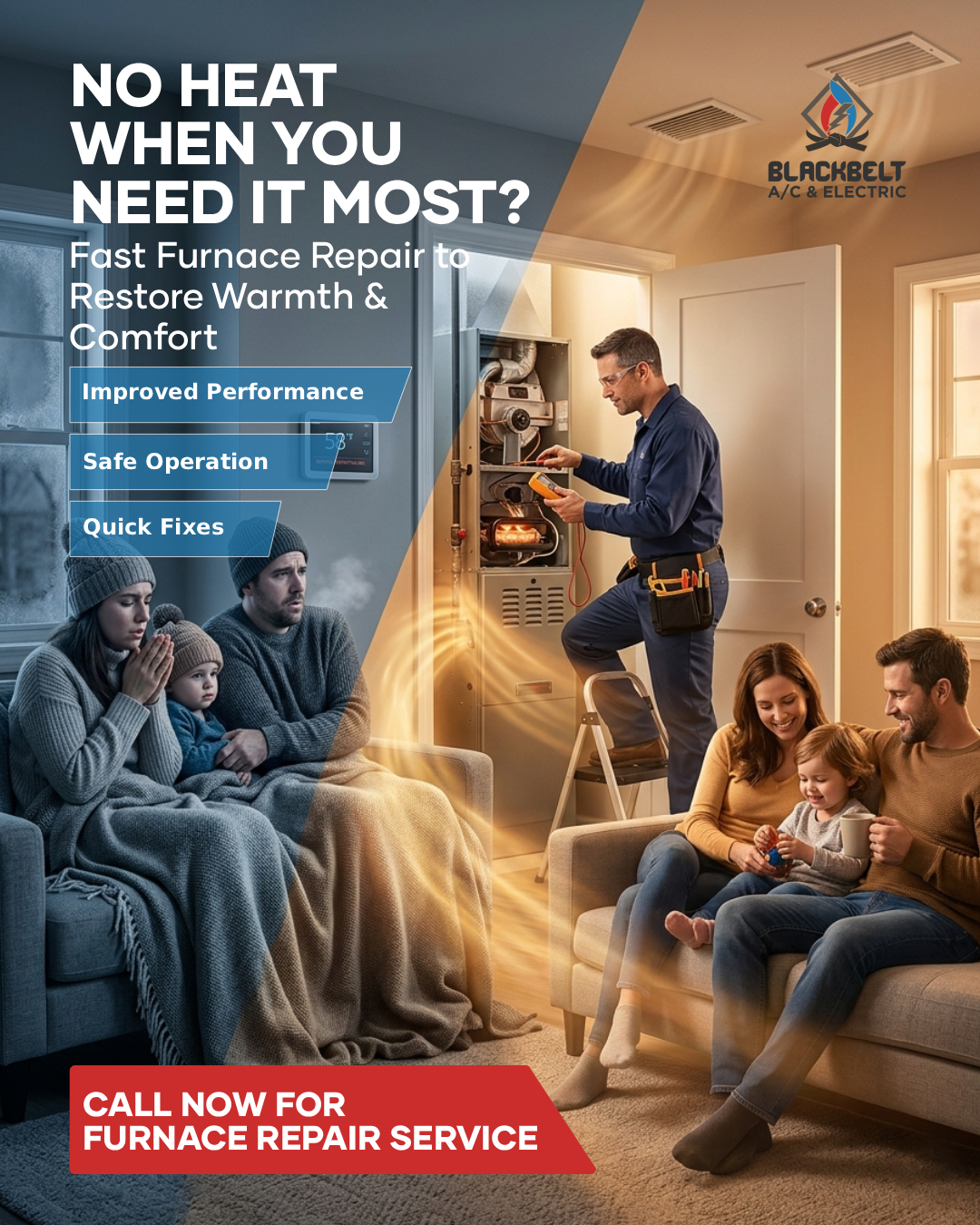 Blackbelt AC Heating and Electric Facebook ad: Call today and get your work done!