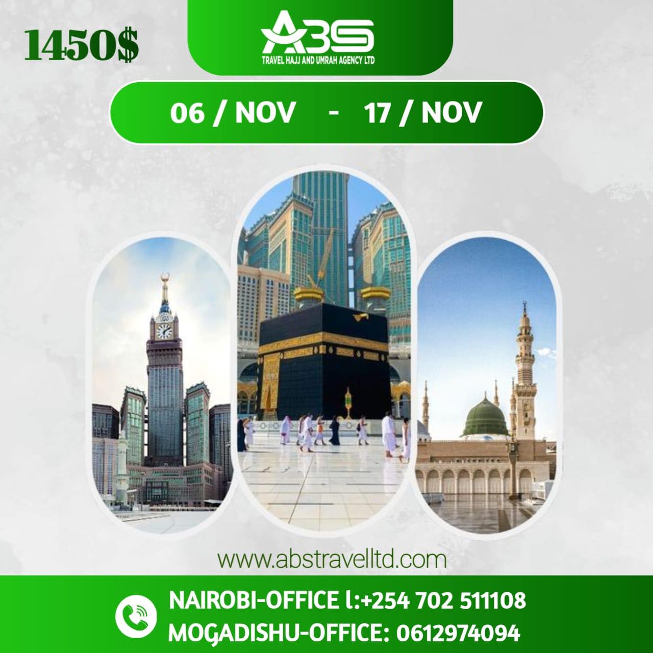 Abs Travel. Facebook ad: 06/NOVEMBER-17/NOVEMBER ANOTHER FULL PACKAGE UMRAH.