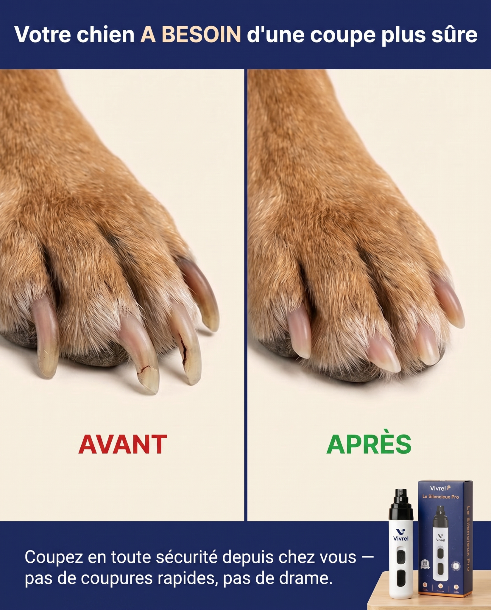 Vivrel Facebook ad: Toilettage des griffes sans stress pour votre chien!