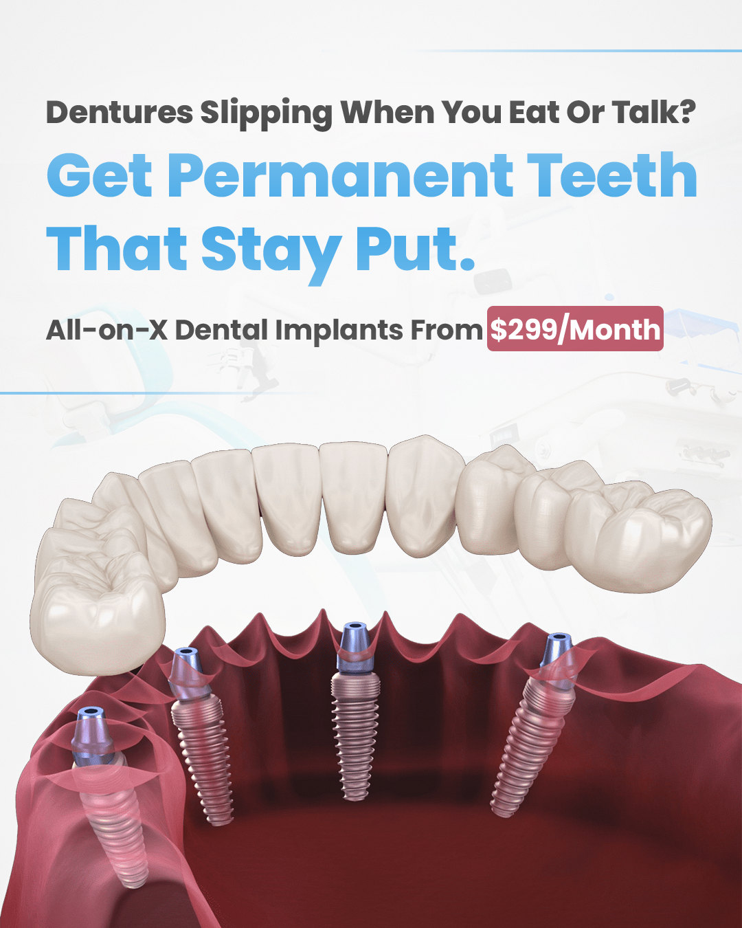 Towson Smile Care Facebook ad: Stop The Glue. Get Permanent Teeth