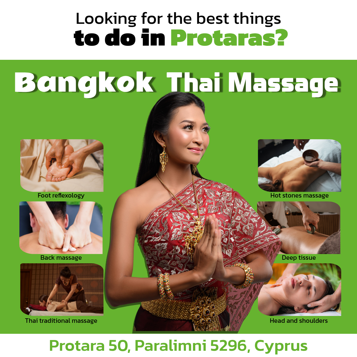 Bangkok Thai Massage Cyprus Facebook ad: Open all week including Sunday! 11 AM -11 PM.