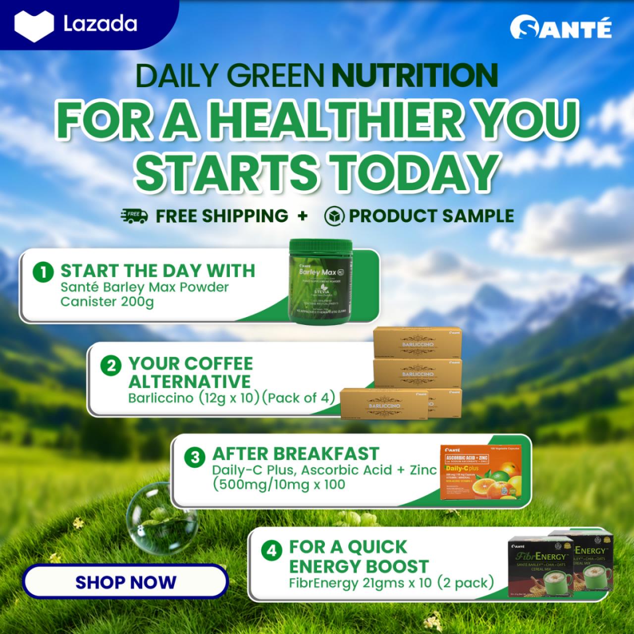Sante Barley Max Facebook ad: HEALTHIER ROUTINE, HEALTHIER CHOICES
