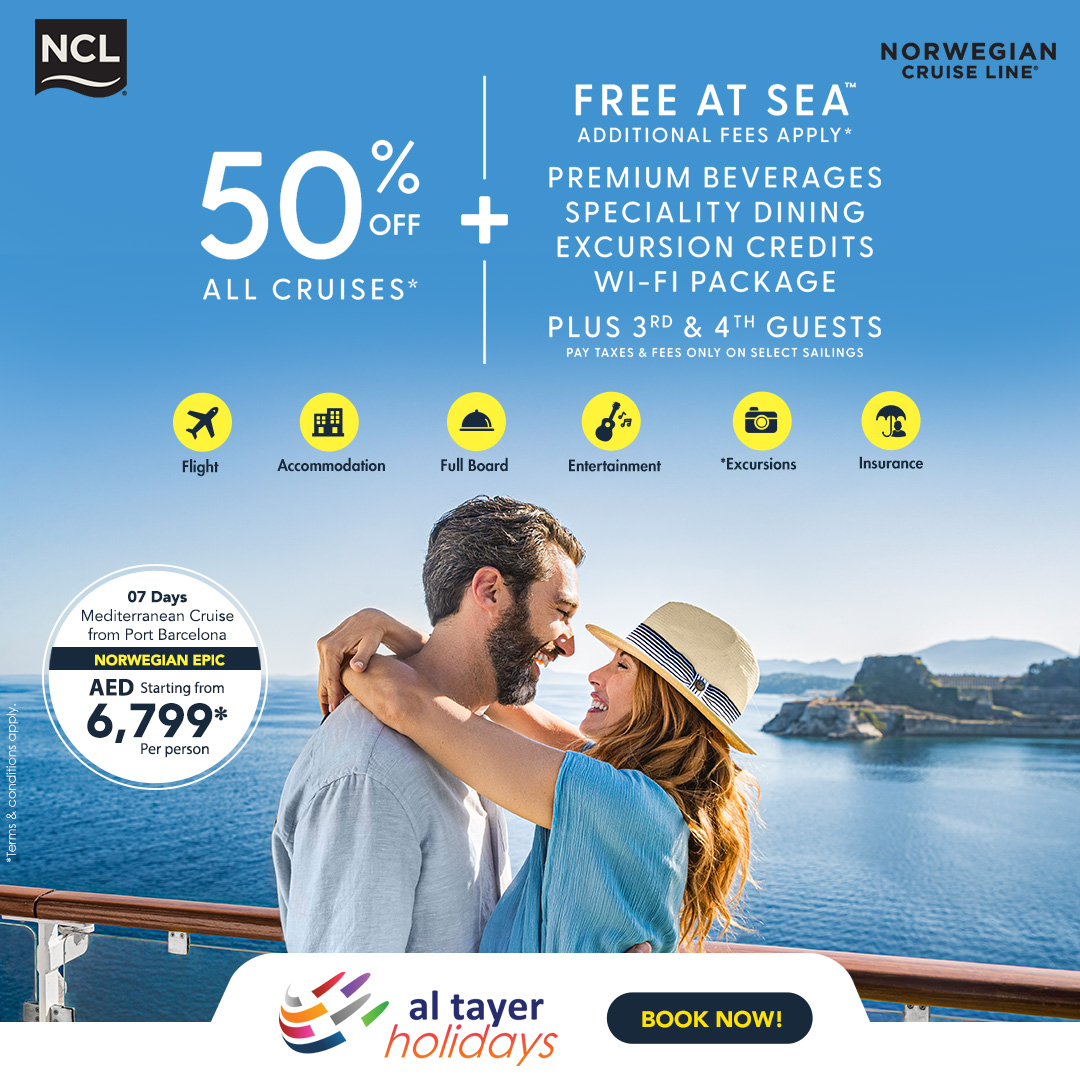Al Tayer Holidays Facebook ad: From AED 6,799 Mediterranean Luxury Cruise Sailing.