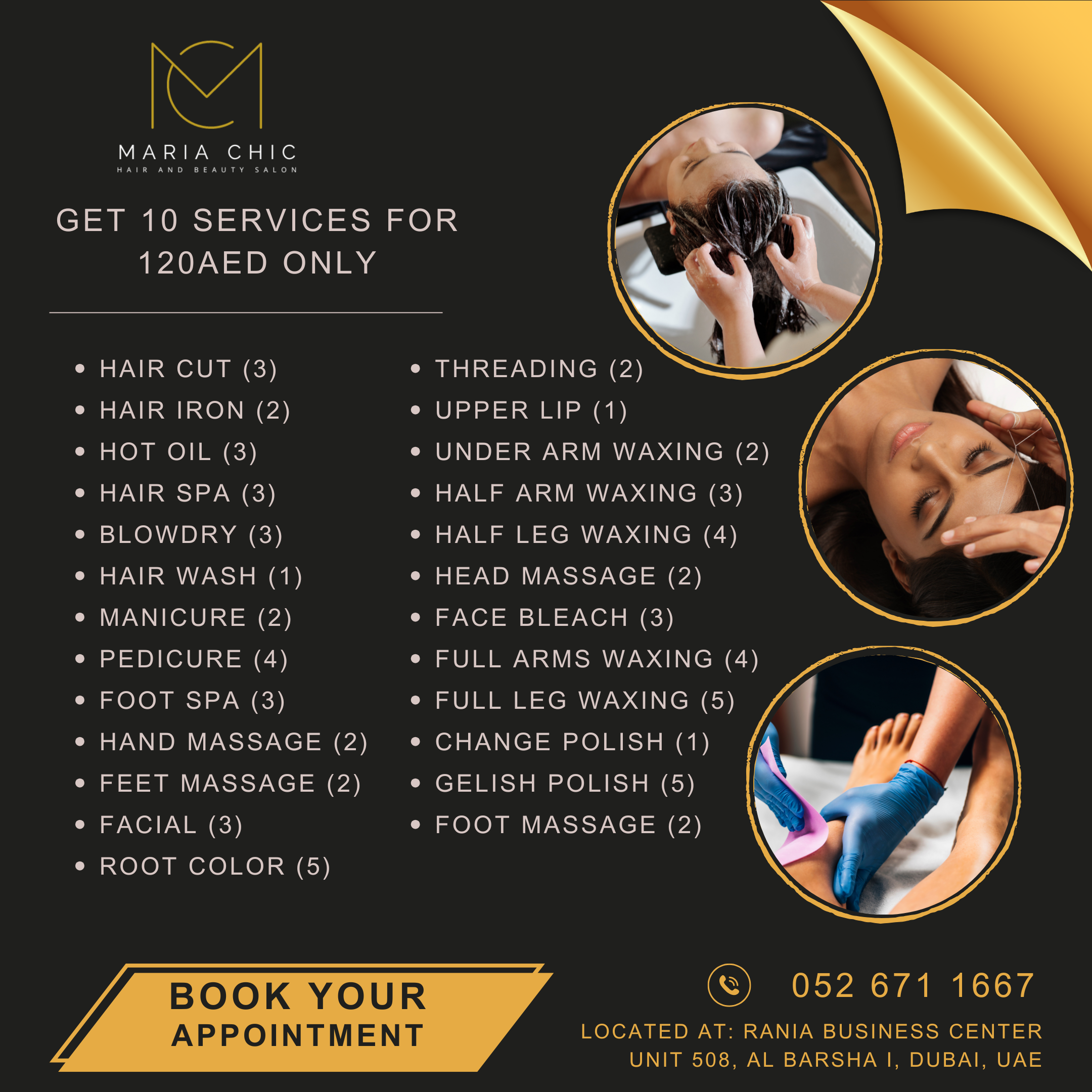 Maria Chic Hair and Beauty Salon Facebook ad: 150AED ONLY!
