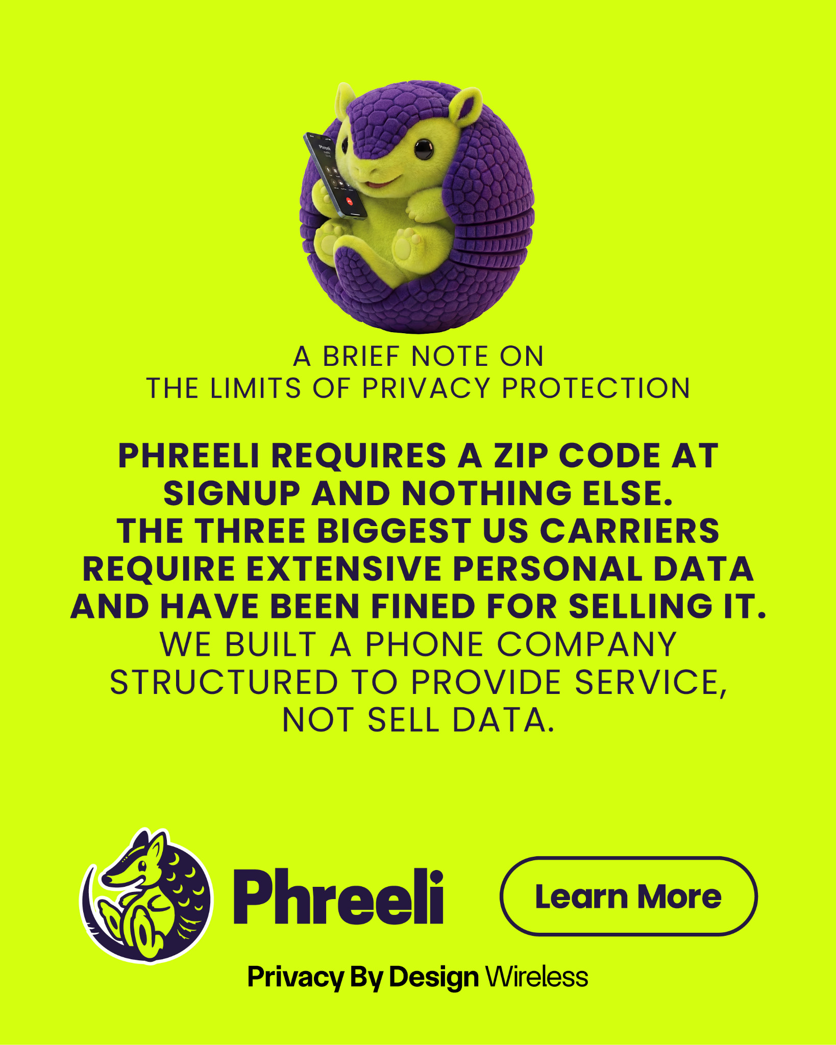 Phreeli Facebook ad: Service, not surveillance.