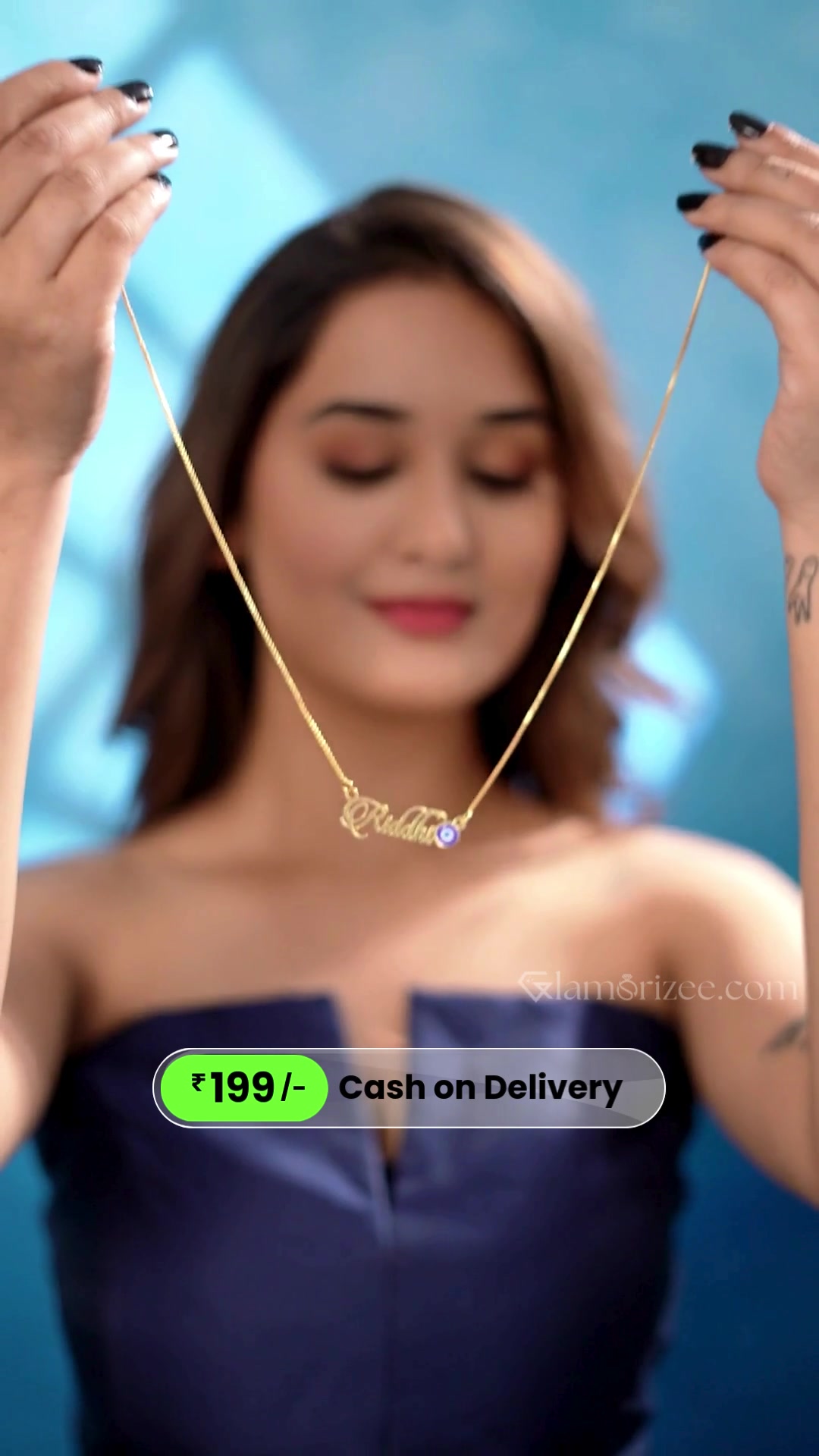Glamorizee Facebook ad: Name Jewellery ONLY @ ₹199 + Cash On Delivery