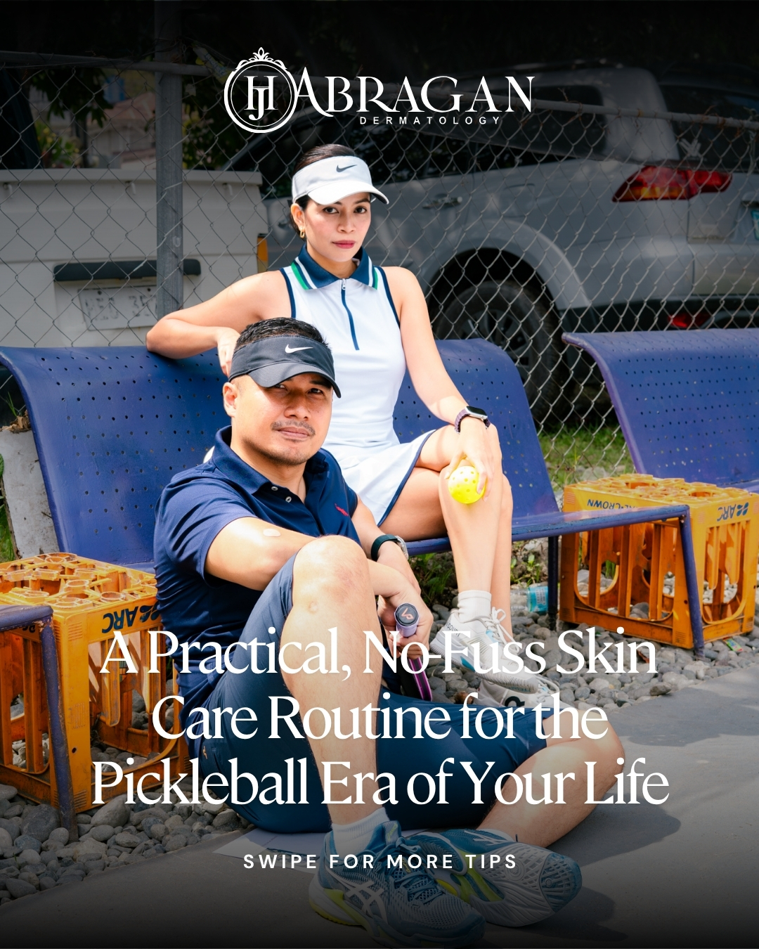 HJ Abragan Dermatology Clinic Facebook ad: Pickleball, tennis, running, golf, gym sessions.