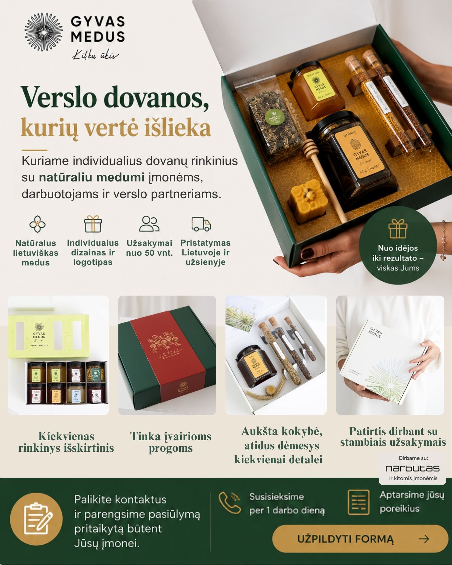 GYVAS MEDUS Facebook ad: Individualios verslo dovanos jūsų įmonei