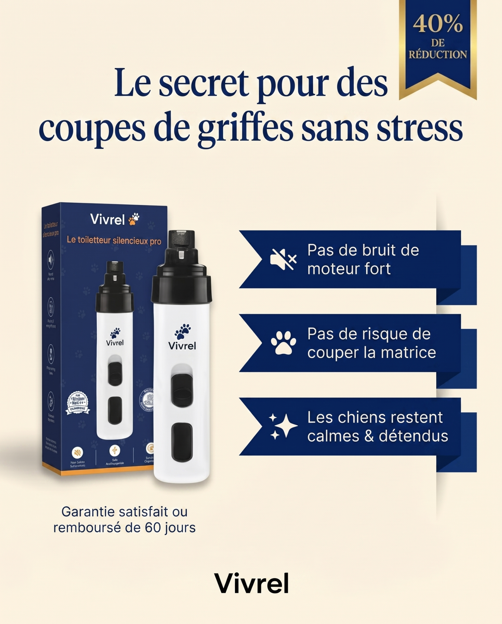 Vivrel Facebook ad: Toilettage des griffes sans stress pour votre chien!