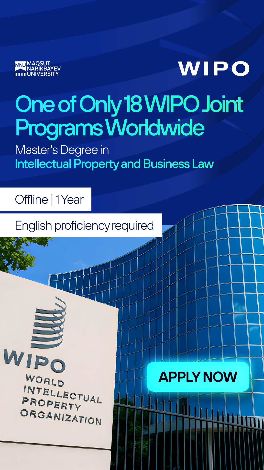 Maqsut Narikbayev University Facebook ad: Master's Degree in Intellectual Property and Business Law