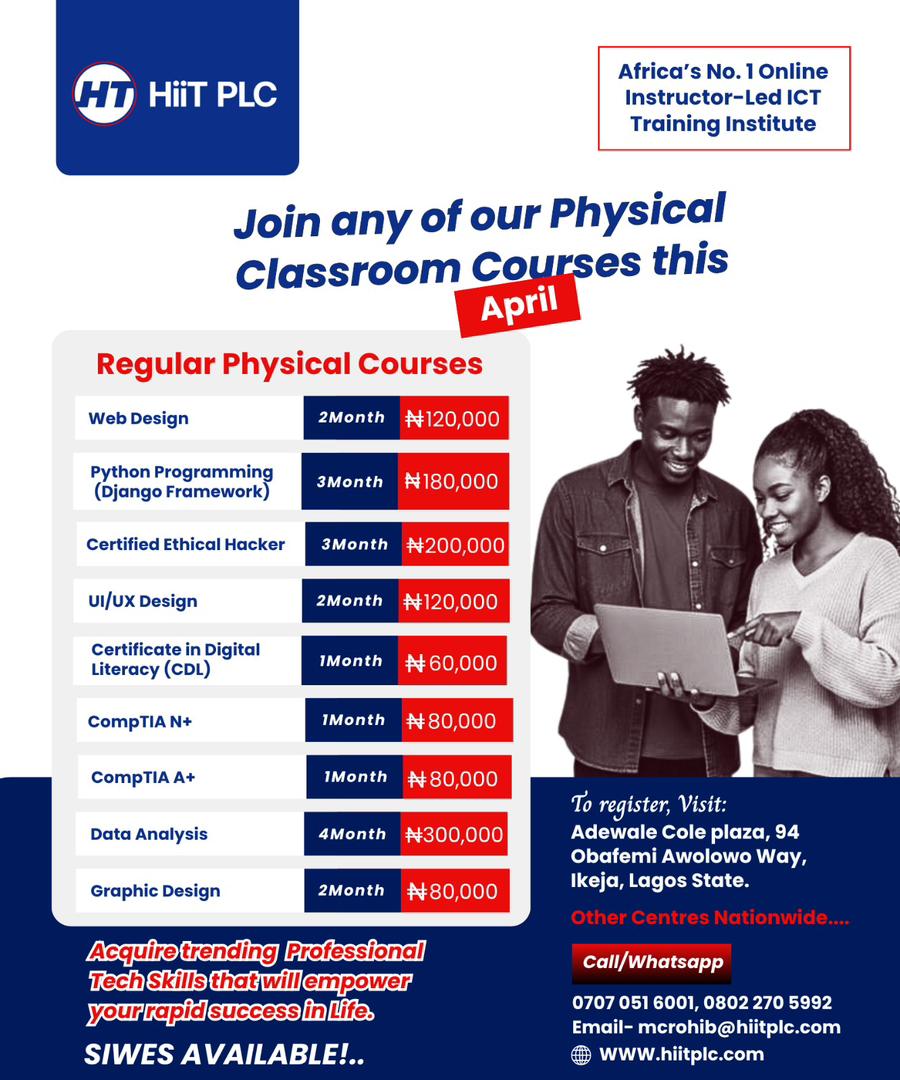 Hiit Plc, Lagos center Facebook ad: REGISTRATION FOR APRIL BATCH IS ONGOING!