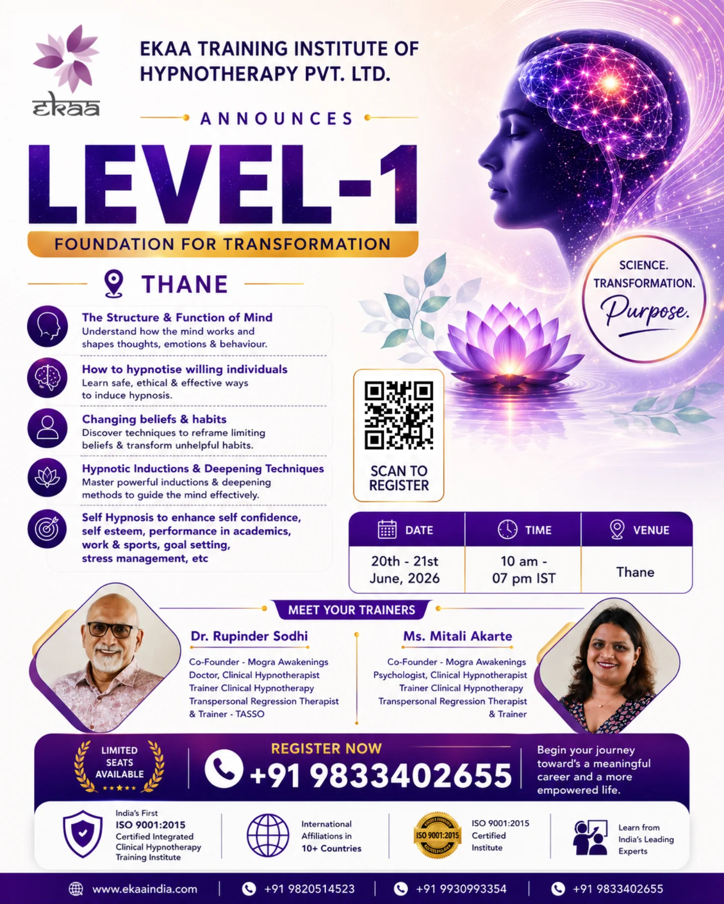EKAA Training Institute of Hypnotherapy Pvt Ltd. Facebook ad: Begin Your Journey into the World of Clinical…