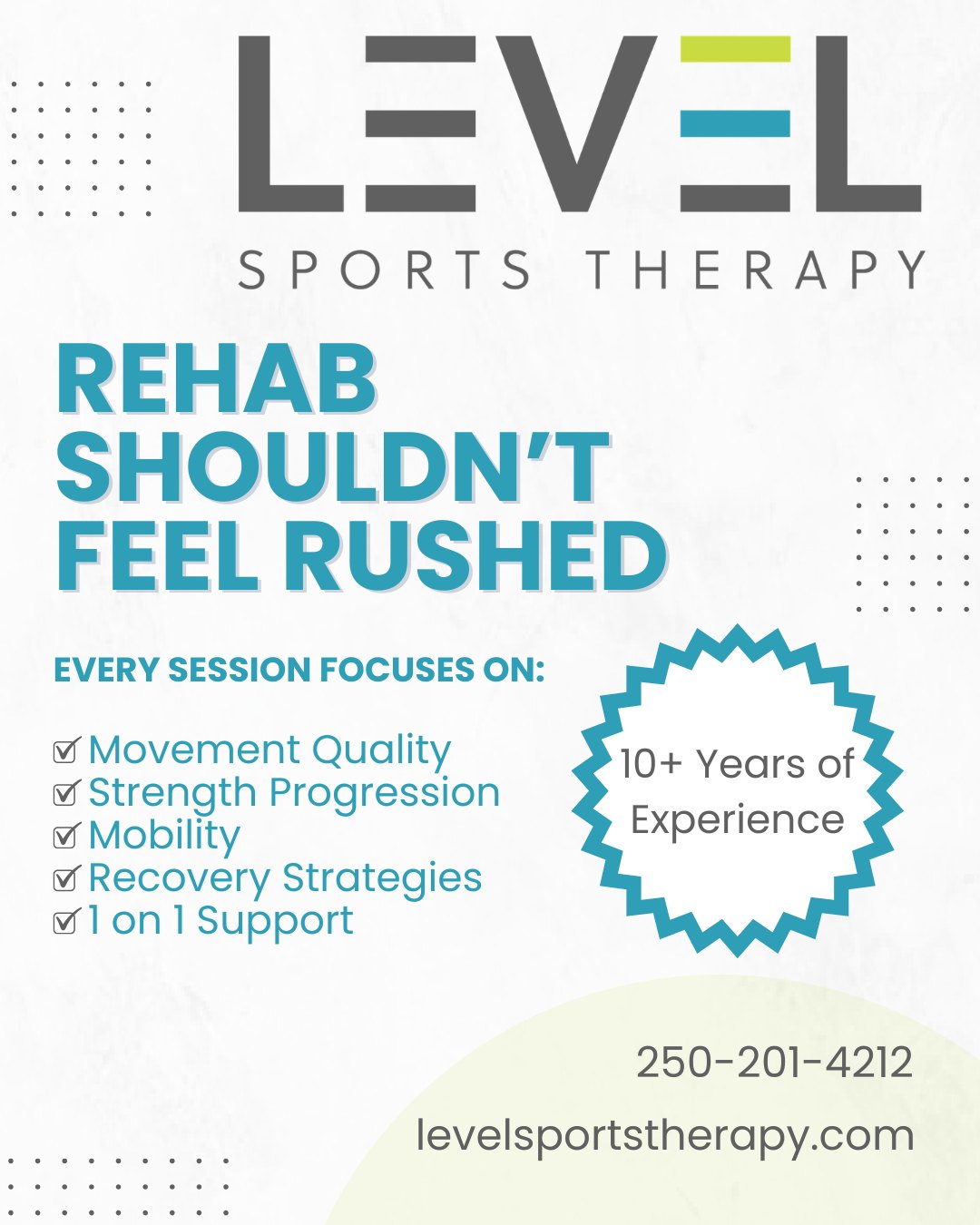 Level Sports Therapy Facebook ad: Rehab shouldn’t feel rushed.