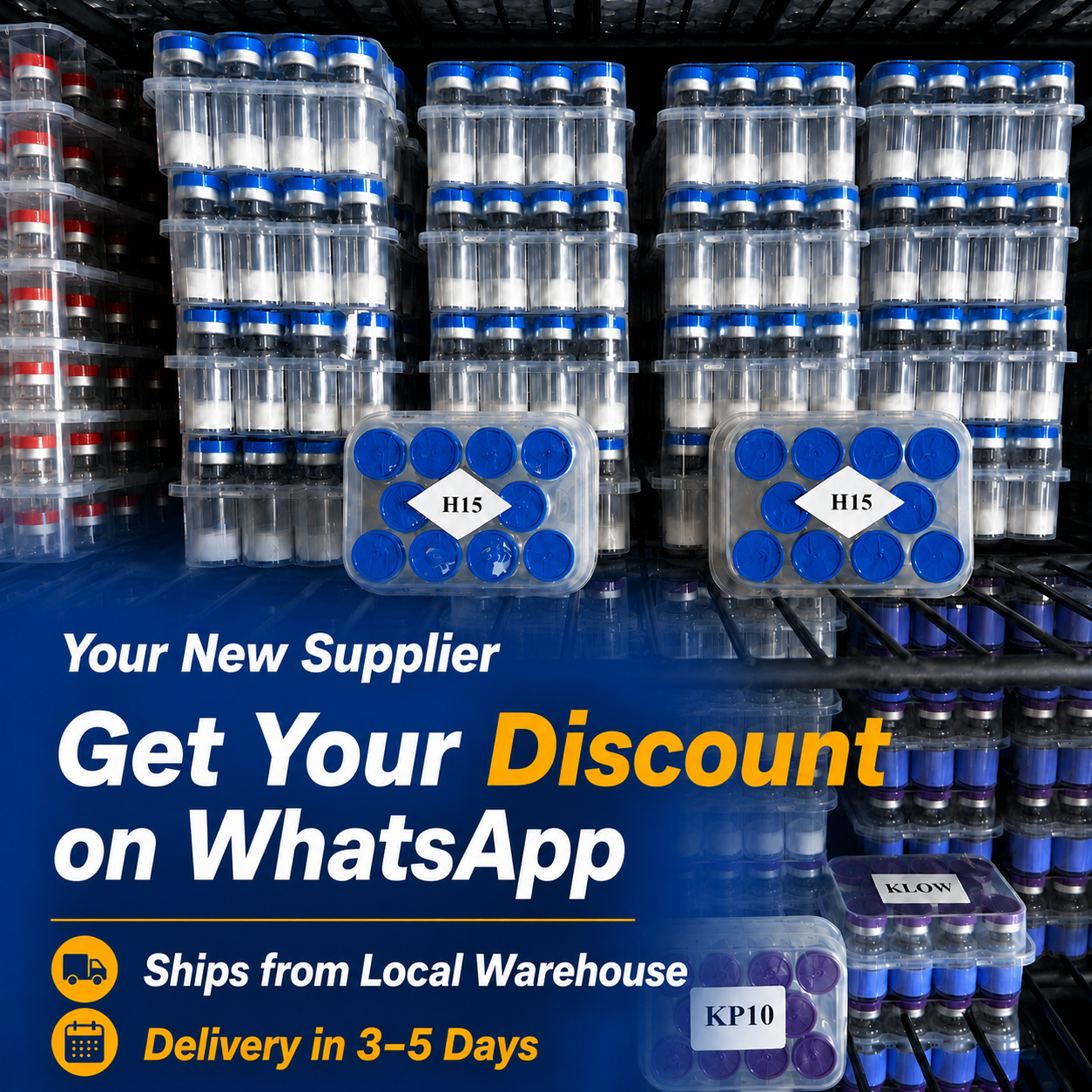 Peptide manufacturer Facebook ad: Double Customs Clearance + Door-to-Door Delivery